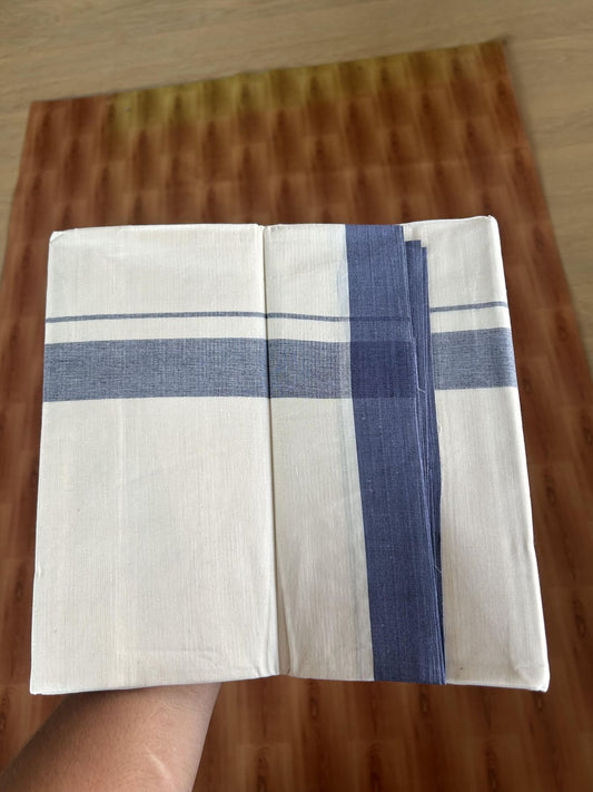 20% Discount ! KaithariKada Balaramapuram 100% Cotton Double Off White (Unbleached) - Mundu / Dhoti- 100x80 -  1.5 inch Lavender & Navy Blue Shaded Kara 4 mtr (8.5 Muzham) - 56 KK5382 VIN