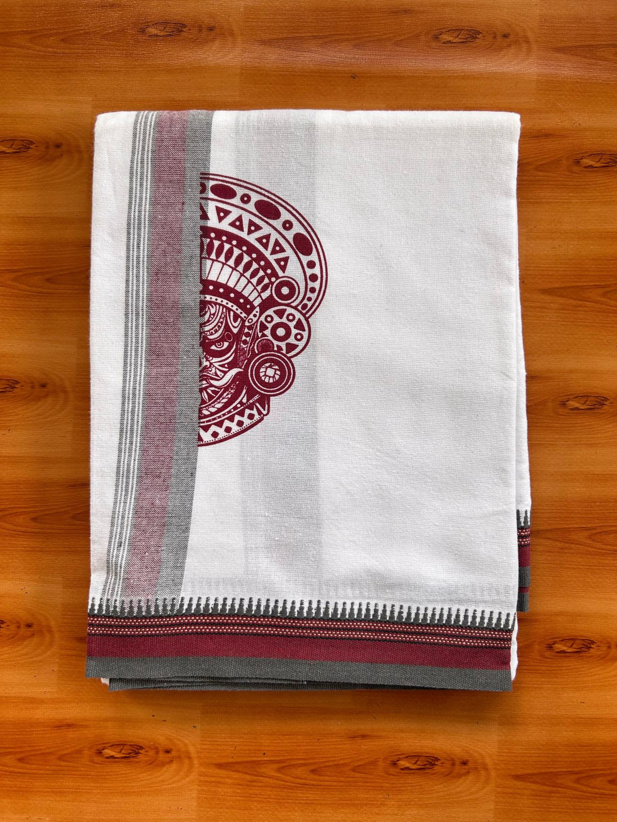 Single White Kaily / Lungi - Kerala Mund Polyster Mixed Cotton - (20s) - 2 inch Ash Grey & Maroon Stripes Theyyam Printed Kara (2 meter / 4 muzham) - 1 KK8086 KUT