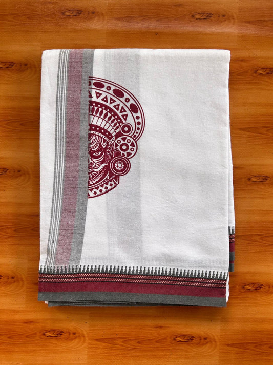 Single White Kaily / Lungi - Kerala Mund Polyster Mixed Cotton - (20s) - 2 inch Ash Grey & Maroon Stripes Theyyam Printed Kara (2 meter / 4 muzham) - 1 KK8086 KUT