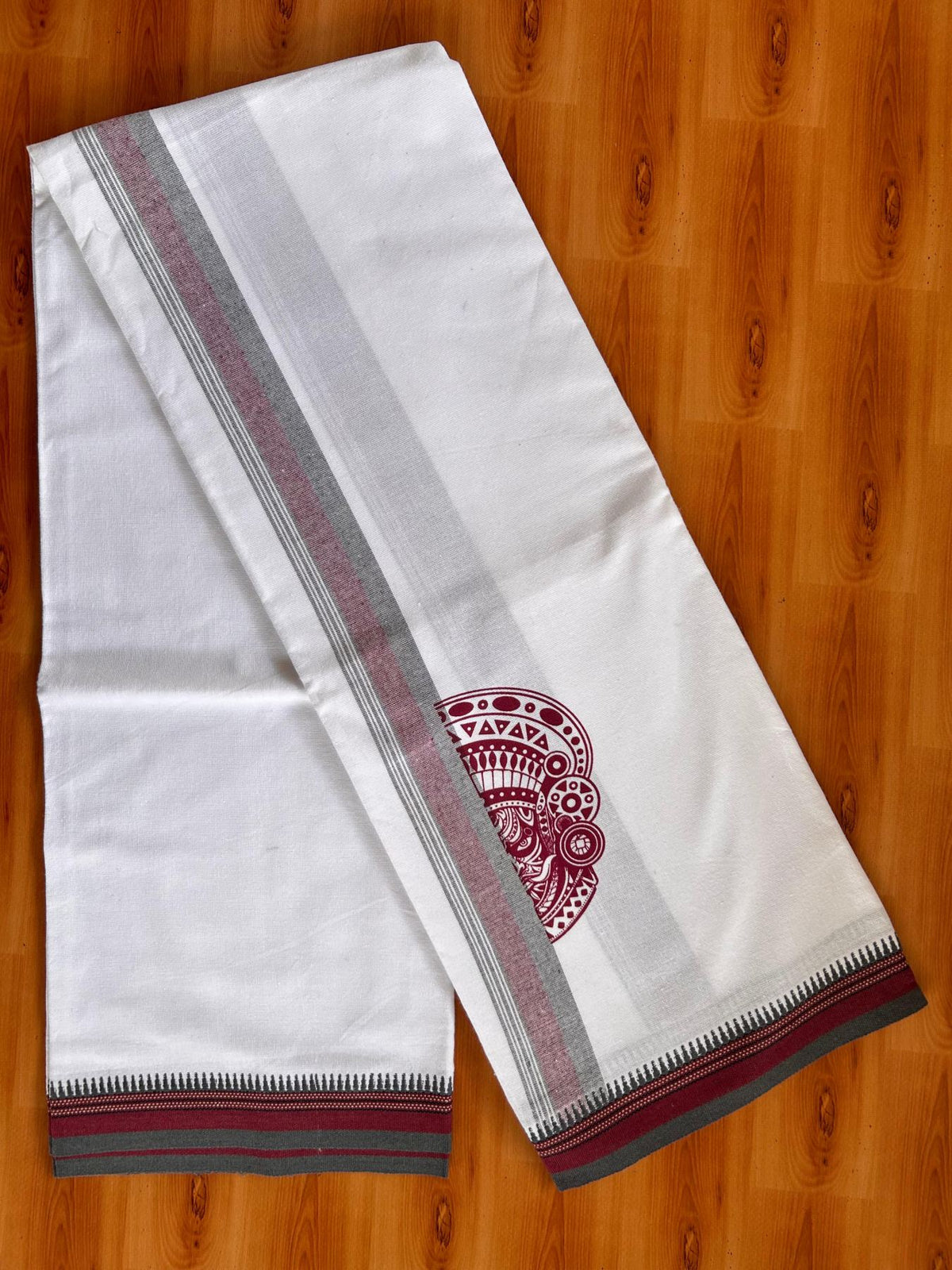 Single White Kaily / Lungi - Kerala Mund Polyster Mixed Cotton - (20s) - 2 inch Ash Grey & Maroon Stripes Theyyam Printed Kara (2 meter / 4 muzham) - 1 KK8086 KUT