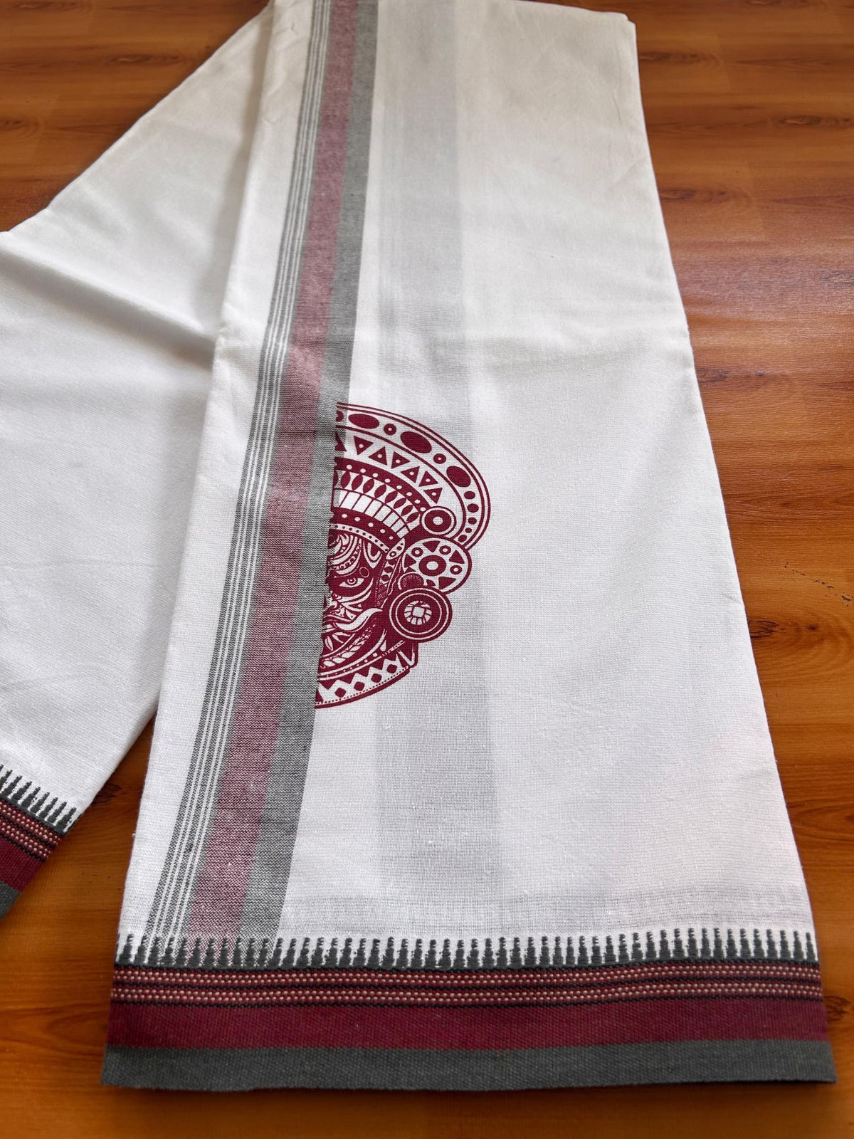 Single White Kaily / Lungi - Kerala Mund Polyster Mixed Cotton - (20s) - 2 inch Ash Grey & Maroon Stripes Theyyam Printed Kara (2 meter / 4 muzham) - 1 KK8086 KUT