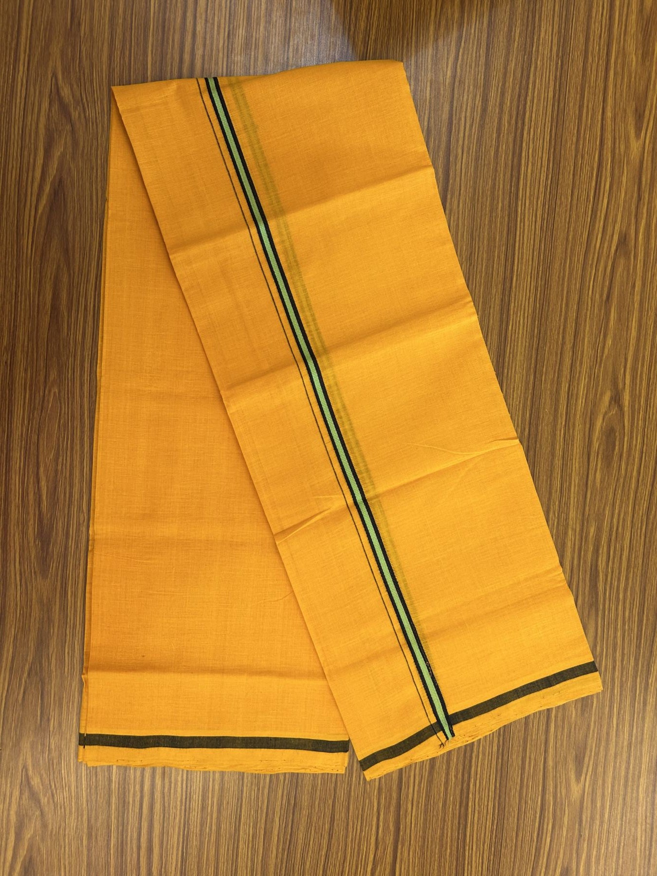 Handloom Single Hallmarked - 10% Discount !! KaithariKada 100% Pure Cotton - Mundu/Dhoti 1 cm Black Green Kara with Light Orange colour Body - (2 meter / 4 muzham) - 22 KK8044 ELA