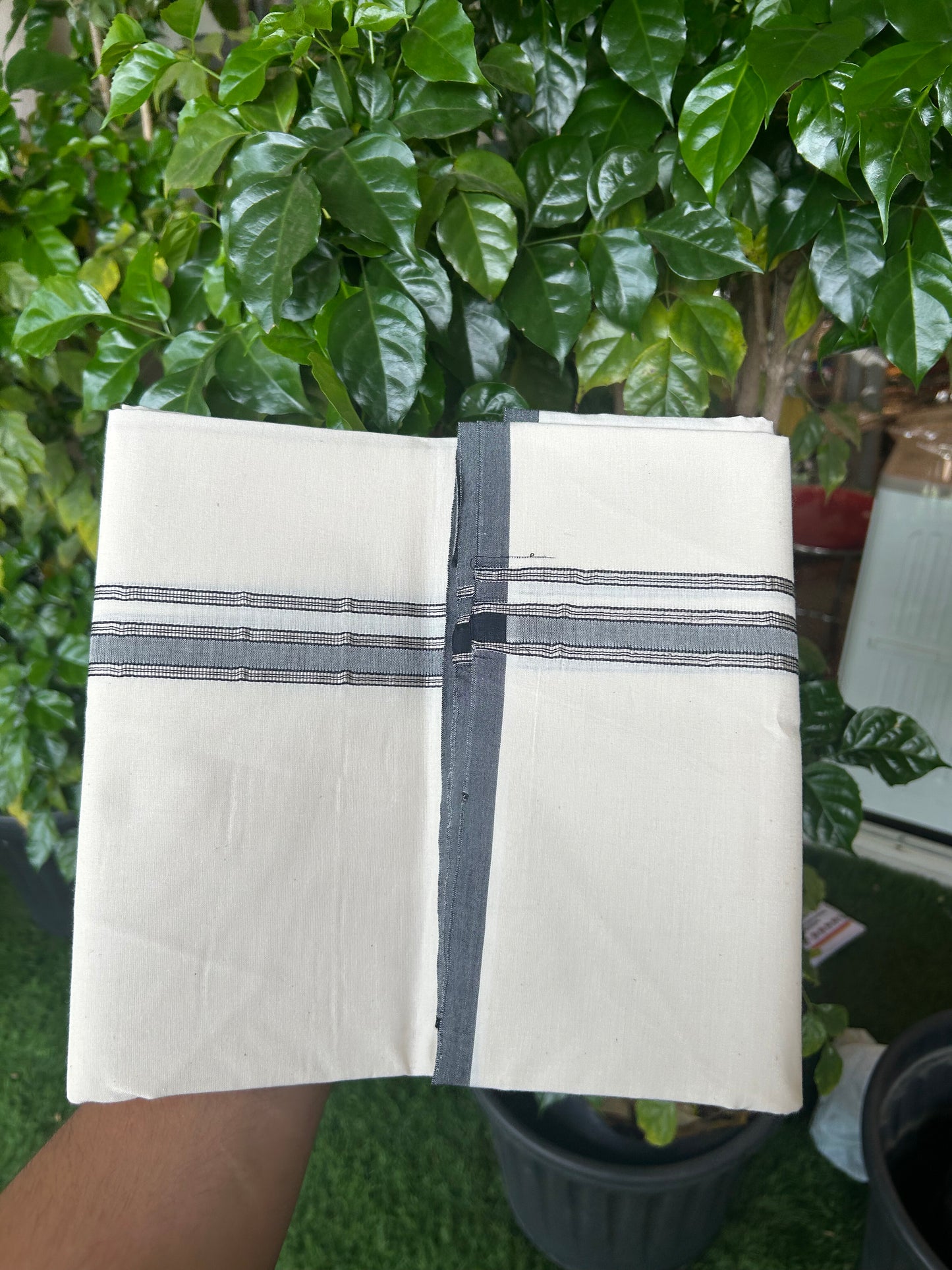 20% Discount!!  KaithariKada Balaramapuram 100% Cotton Single Off white (Unbleached) Mundu/Dhoti- Twisted 100s Thread - 2 cm Silver Kasav & Black Kara (2 meter / 4 muzham) - 2 KK5346 ASH