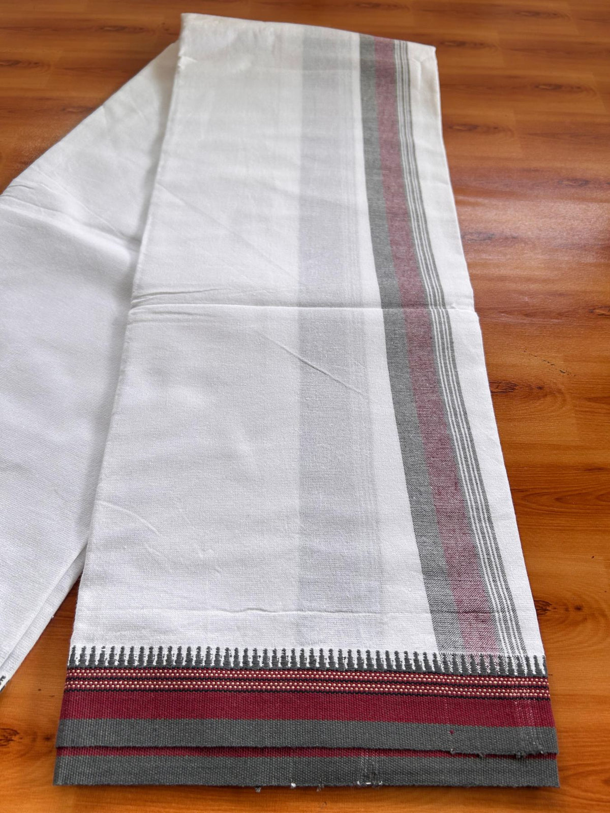 Single White Kaily / Lungi - Kerala Mund Polyster Mixed Cotton - (20s) - 2 inch Ash Grey & Maroon Stripes Theyyam Printed Kara (2 meter / 4 muzham) - 1 KK8086 KUT
