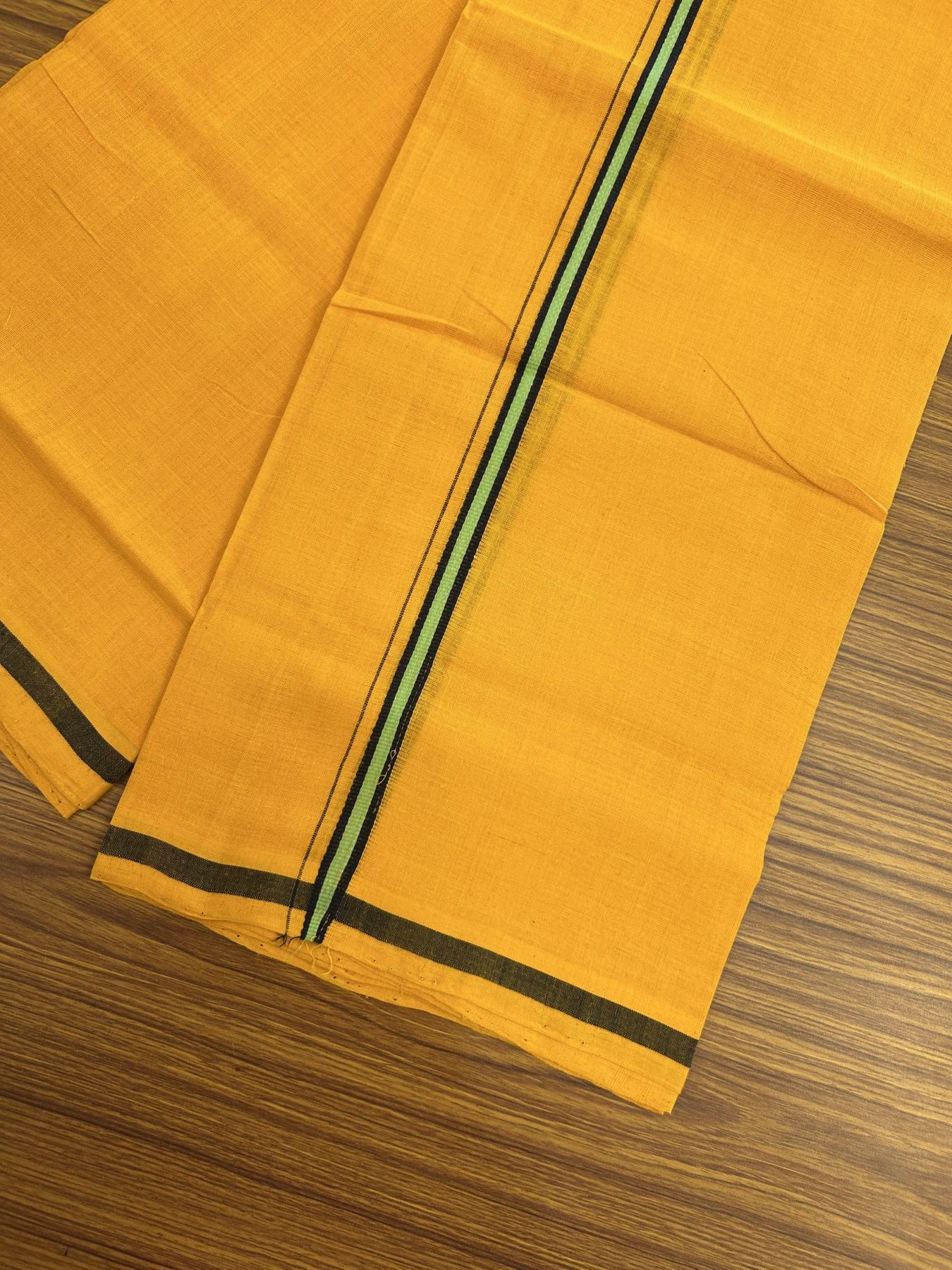 Handloom Single Hallmarked - 10% Discount !! KaithariKada 100% Pure Cotton - Mundu/Dhoti 1 cm Black Green Kara with Light Orange colour Body - (2 meter / 4 muzham) - 22 KK8044 ELA
