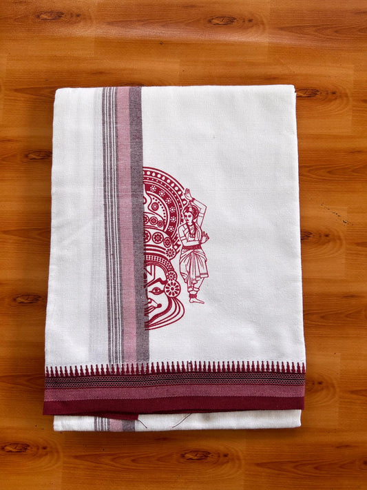 Single White Kaily / Lungi - Kerala Mund Polyster Mixed Cotton - (20s) - 2 inch Pink & Maroon Stripes Kathakali Printed Kara (2 meter / 4 muzham) - 2 KK8086 KUT