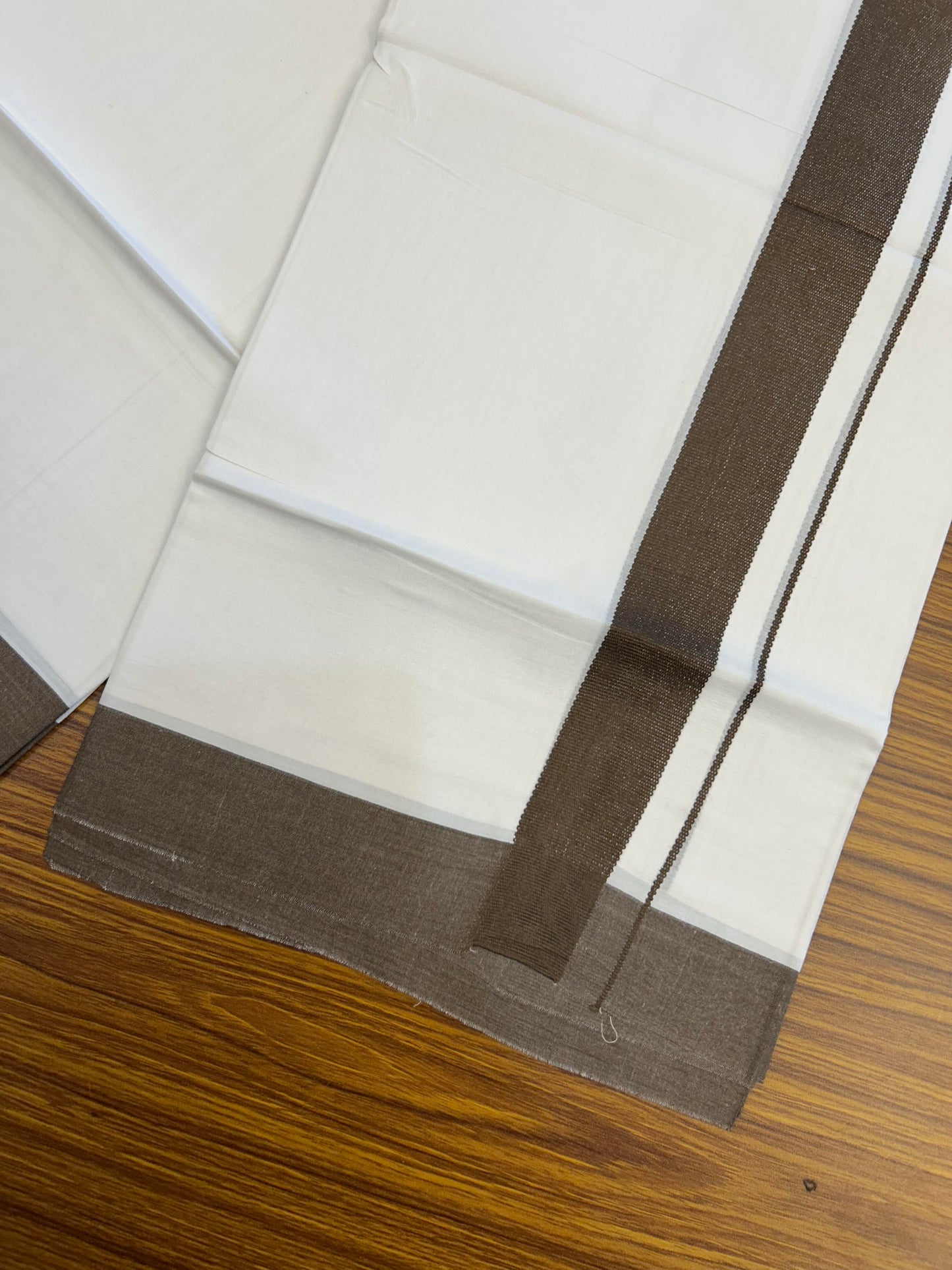 20% Discount ! Kaitharikada Balaramapuram 100% Cotton Pure White Double Mundu/Dothi - 100x80 - 1.5 inch Walnut Brown Kara - 3.90 m (8 muzham) - 19 KK5364 MC