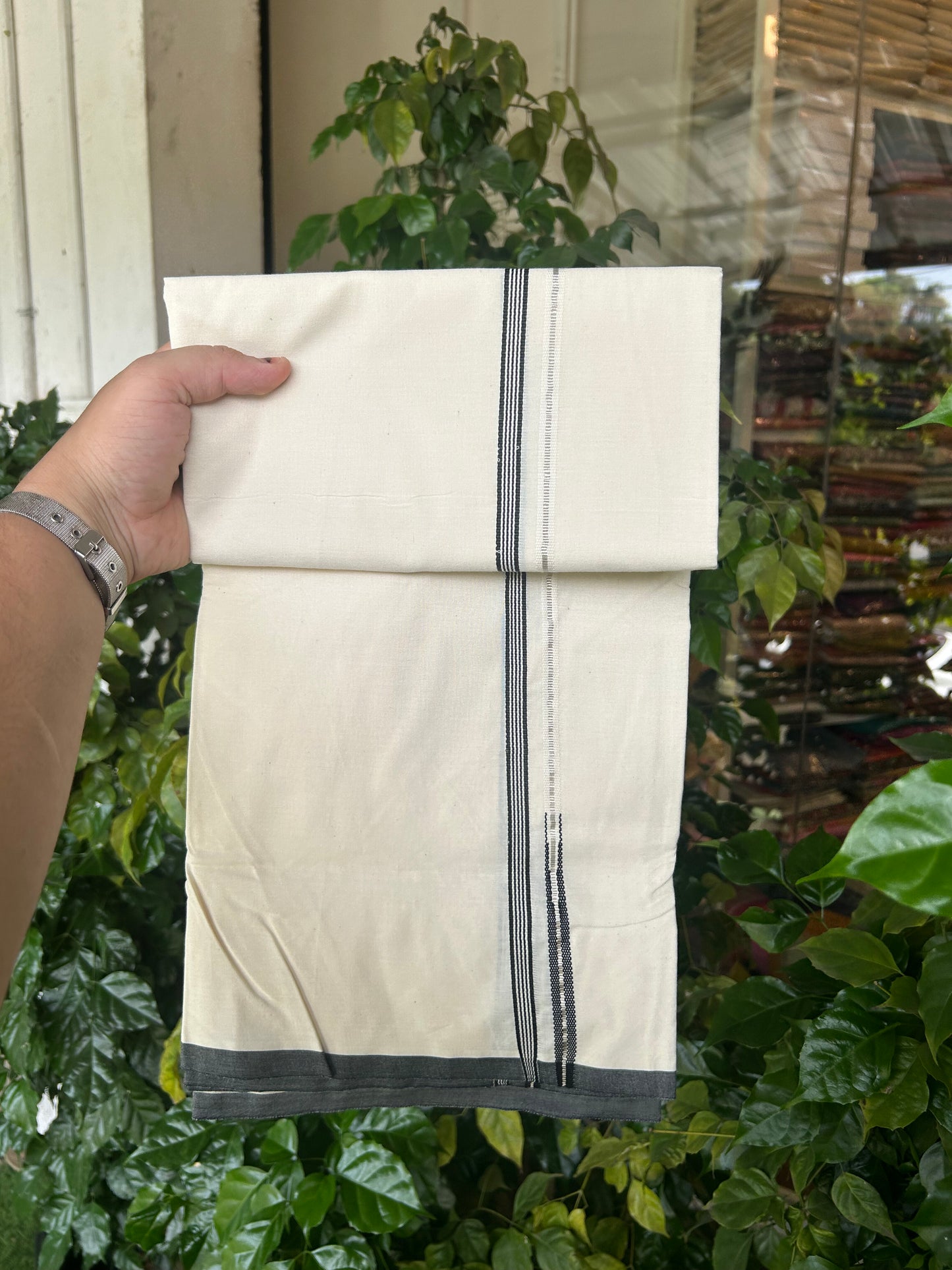 20% Discount!!  KaithariKada Balaramapuram 100% Cotton Single Off white (Unbleached) Mundu/Dhoti- Twisted 100s Thread - 1 cm Puliyilakkara Silver Kasav & Black Striped Chutty Kara (2 meter / 4 muzham) - 4 KK5346 ASH
