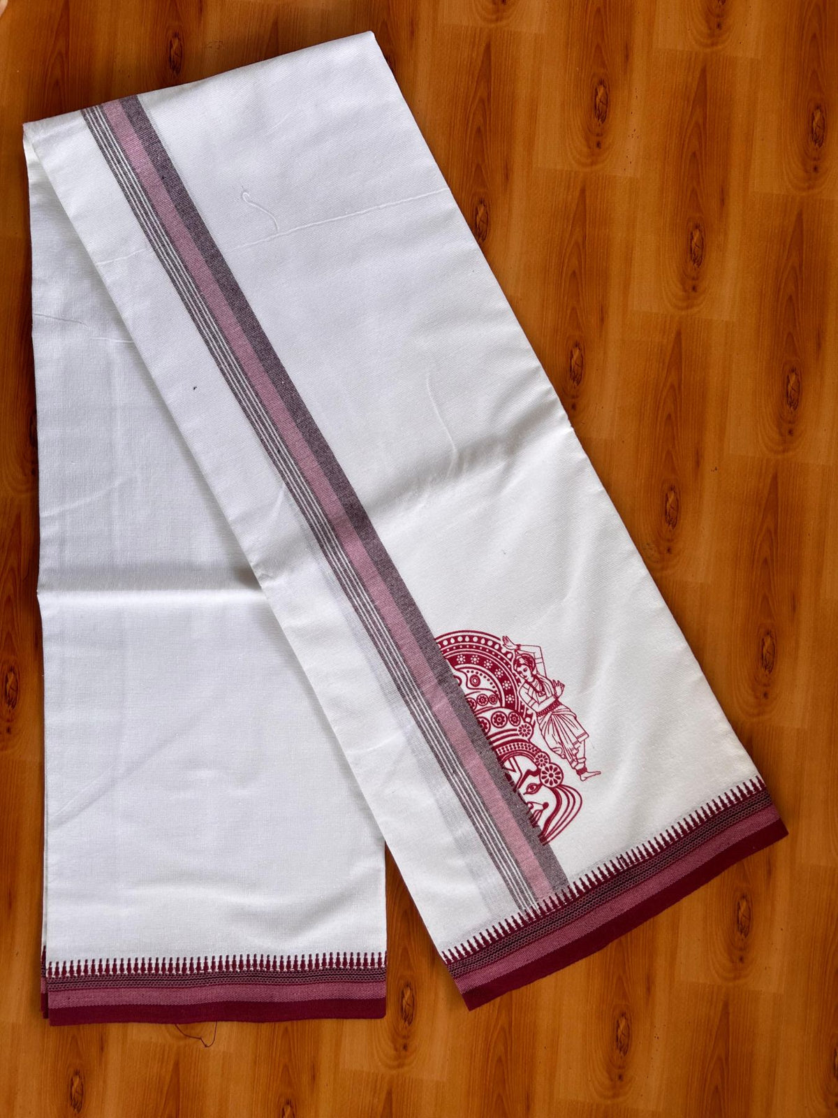 Single White Kaily / Lungi - Kerala Mund Polyster Mixed Cotton - (20s) - 2 inch Pink & Maroon Stripes Kathakali Printed Kara (2 meter / 4 muzham) - 2 KK8086 KUT