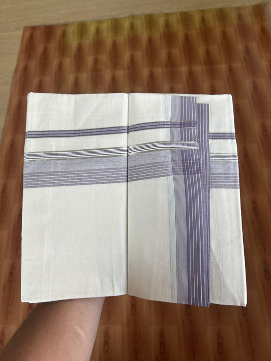 20% Discount ! KaithariKada Balaramapuram 100% Cotton Double Off White - (Unbleached) - Mundu / Dhoti- 100x80 -  1.5 inch Silver Kasav & Light Purple shaded Stripes Kara 4 mtr (8.5 Muzham) - 58 KK5382 VIN