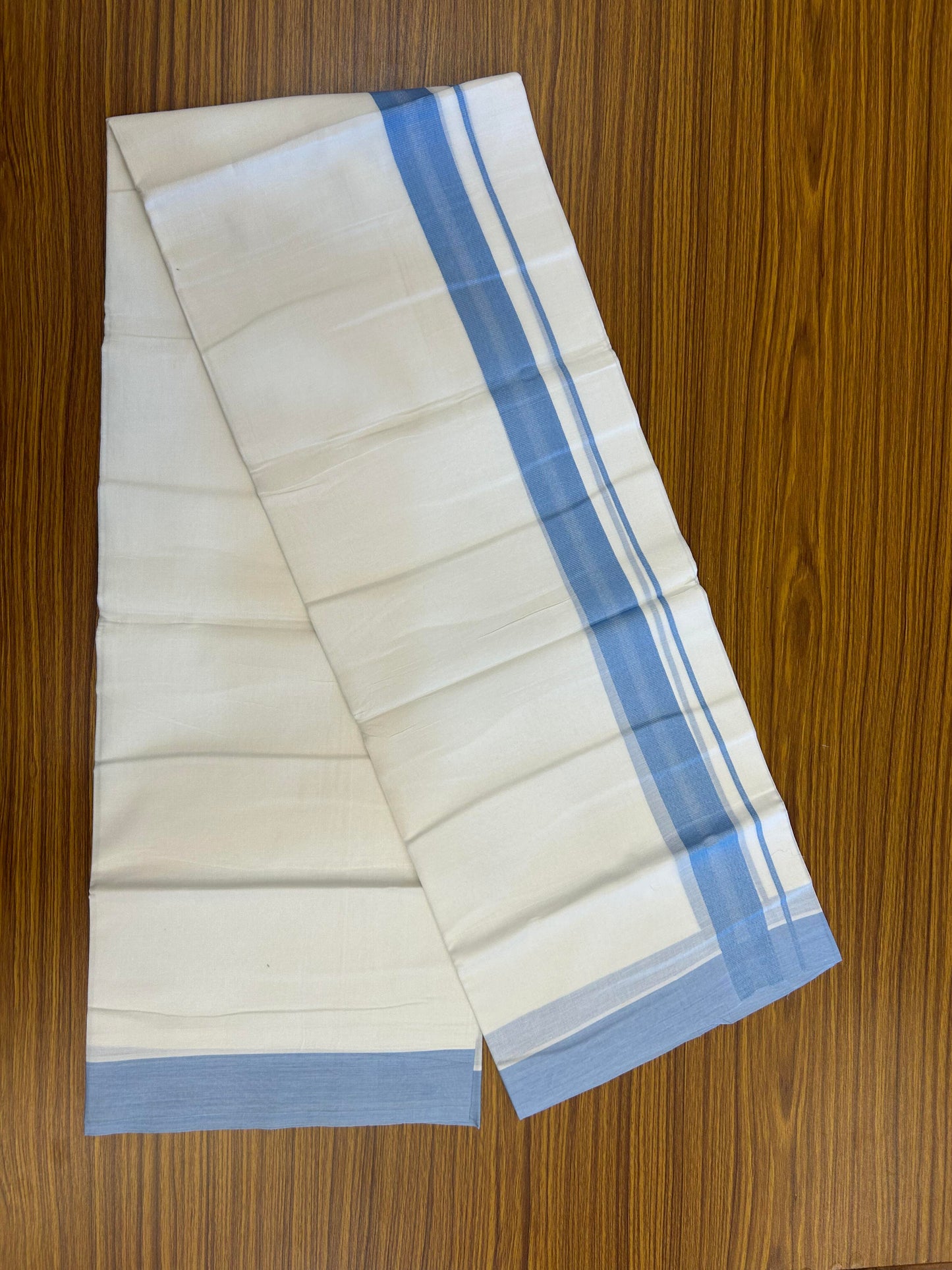 20% Discount ! Kaitharikada Balaramapuram 100% Cotton Pure White Double Mundu/Dothi - 100x80 -1.25 inch Light Blue Center Design Kara - 3.90 m (8 muzham) - 11 KK5364 MC