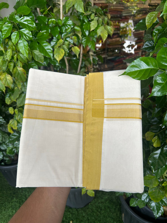 20% Discount KaithariKada Balaramapuram 100% Cotton Double Off white - (Unbleached) - Mundu/Dhoti - 100x100 - 1.25 inch Mustard Yellow Striped Kara - 4 mtr (8.5 Muzham) - 7 KK5346 ASH