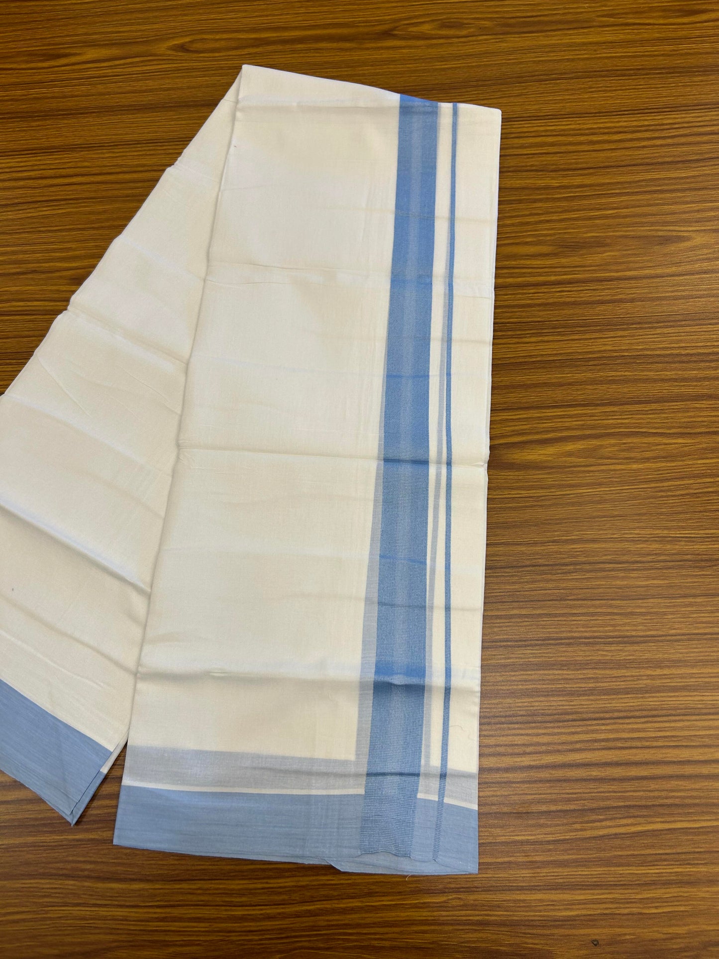 20% Discount ! Kaitharikada Balaramapuram 100% Cotton Pure White Double Mundu/Dothi - 100x80 -1.25 inch Light Blue Center Design Kara - 3.90 m (8 muzham) - 11 KK5364 MC