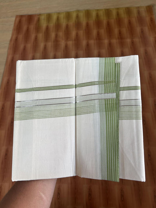 20% Discount ! KaithariKada Balaramapuram 100% Cotton Double Off White - (Unbleached) - Mundu / Dhoti- 100x80 -  1.5 inch Silver Kasav & Pista Green shaded Stripes Kara 4 mtr (8.5 Muzham) - 57 KK5382 VIN