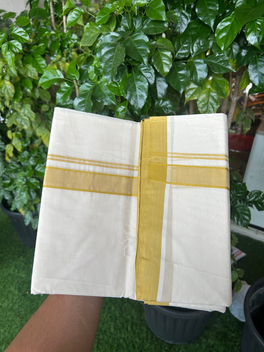20% Discount KaithariKada Balaramapuram 100% Cotton Double Off white - (Unbleached) - Mundu/Dhoti - 100x100 - 1.25 inch Mustard Yellow Kara - 4 mtr (8.5 Muzham) - 5 KK5346 ASH