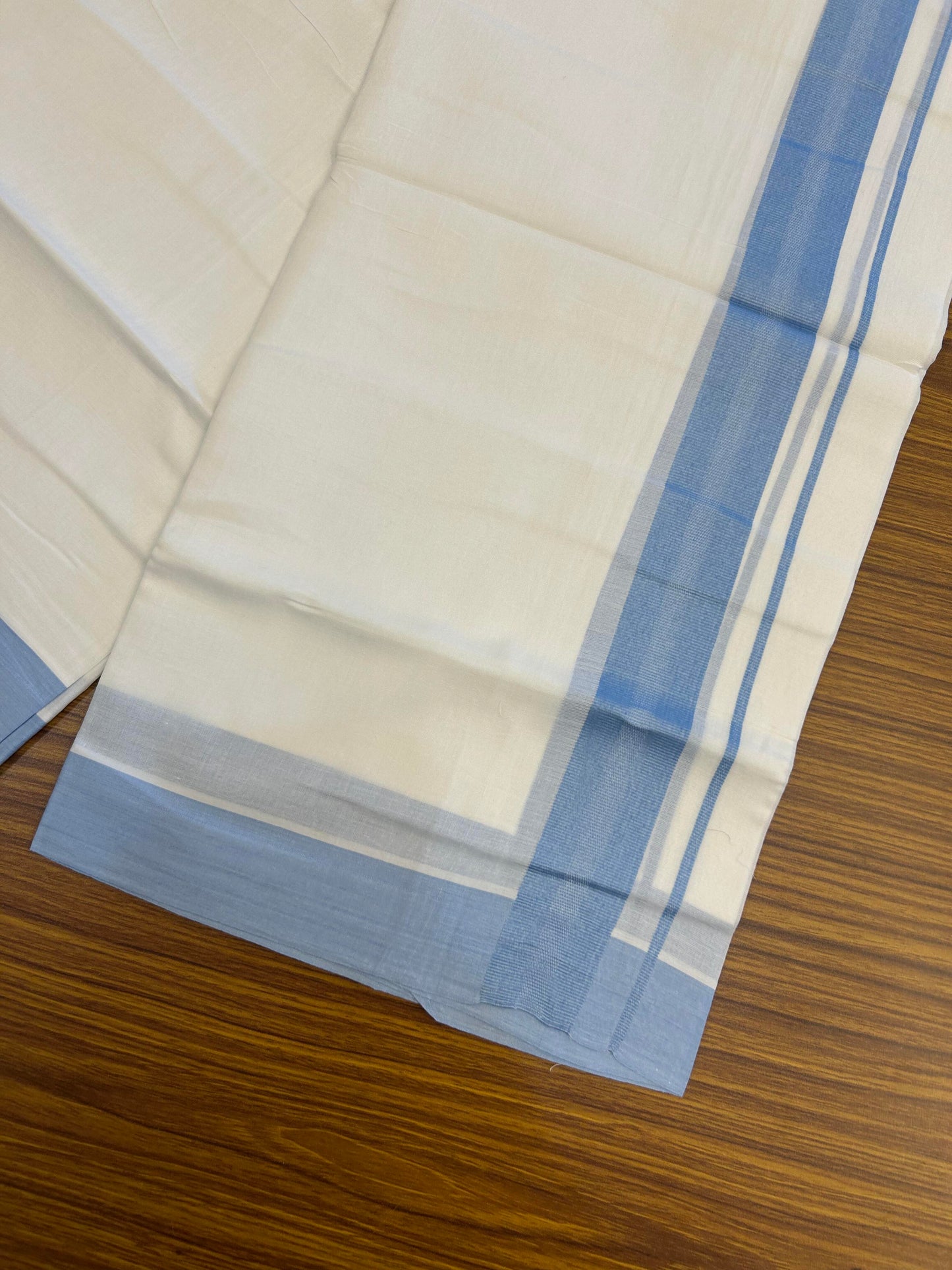 20% Discount ! Kaitharikada Balaramapuram 100% Cotton Pure White Double Mundu/Dothi - 100x80 -1.25 inch Light Blue Center Design Kara - 3.90 m (8 muzham) - 11 KK5364 MC
