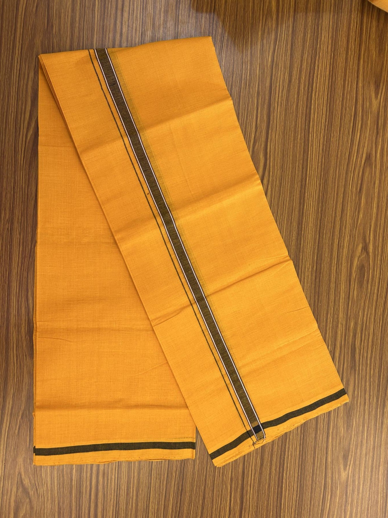 Handloom Single Hallmarked - 10% Discount !! KaithariKada 100% Pure Cotton - Mundu/Dhoti 2 cm Black Brown Kara with Light Orange colour Body - (2 meter / 4 muzham) - 23 KK8044 ELA