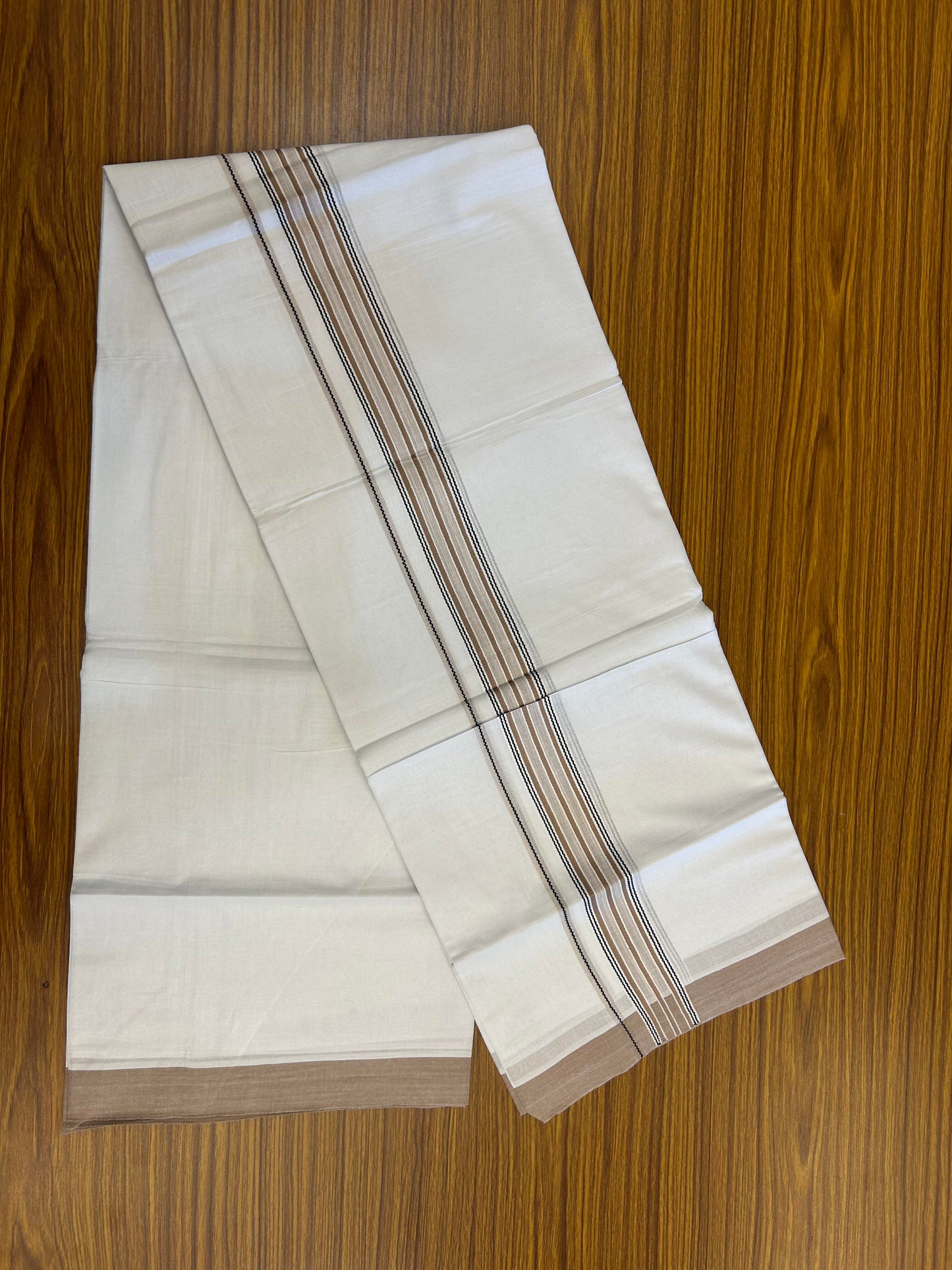 20% Discount ! Kaitharikada Balaramapuram 100% Cotton Pure White Double Mundu/Dothi - 100x80 - 1.25 inch Black & Peach Brown Shaded Stripes Kara 3.90 m (8 muzham) - 78 KK5364 MC