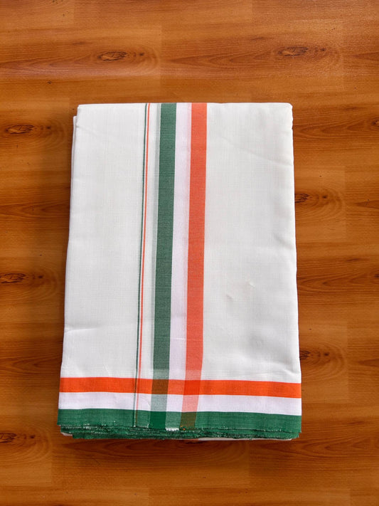 Congress Veshti - 25% Discount!!! Kaitharikada Handloom Unakkupaav - Kerala Handloom - 100% Pure Cotton Pure White Double Mund/Dhoti - (2/120X80) - 1.5 inch Orange White & Green Kara - 4 mtr (8.5 muzham) - 1 KK5526YAR