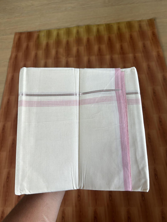 20% Discount ! KaithariKada Balaramapuram 100% Cotton Double Off White - (Unbleached) - Mundu / Dhoti- 100x80 -  0.5 inch Silver Kasav & Pink Shaded Stripes Kara 4 mtr (8.5 Muzham) - 61 KK5382 VIN