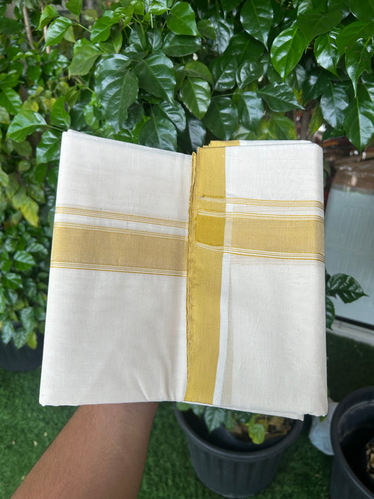 20% Discount KaithariKada Balaramapuram 100% Cotton Double Off white - (Unbleached) - Mundu/Dhoti - 100x80 - 1.5 inch Mustard Yellow Striped Kara - 3.90 mtr (8 Muzham) - 15 KK5346 ASH