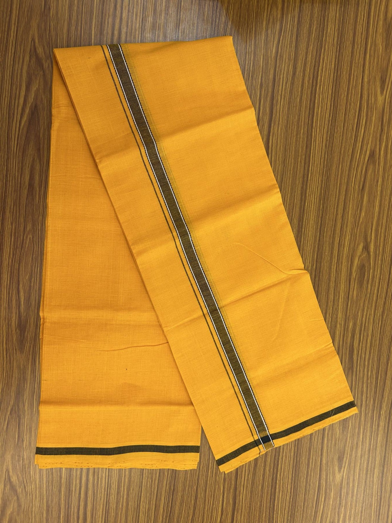 Handloom Single Hallmarked - 10% Discount !! KaithariKada 100% Pure Cotton - Mundu/Dhoti 2 cm Black Kara with Light Orange colour Body - (2 meter / 4 muzham) - 24 KK8044 ELA