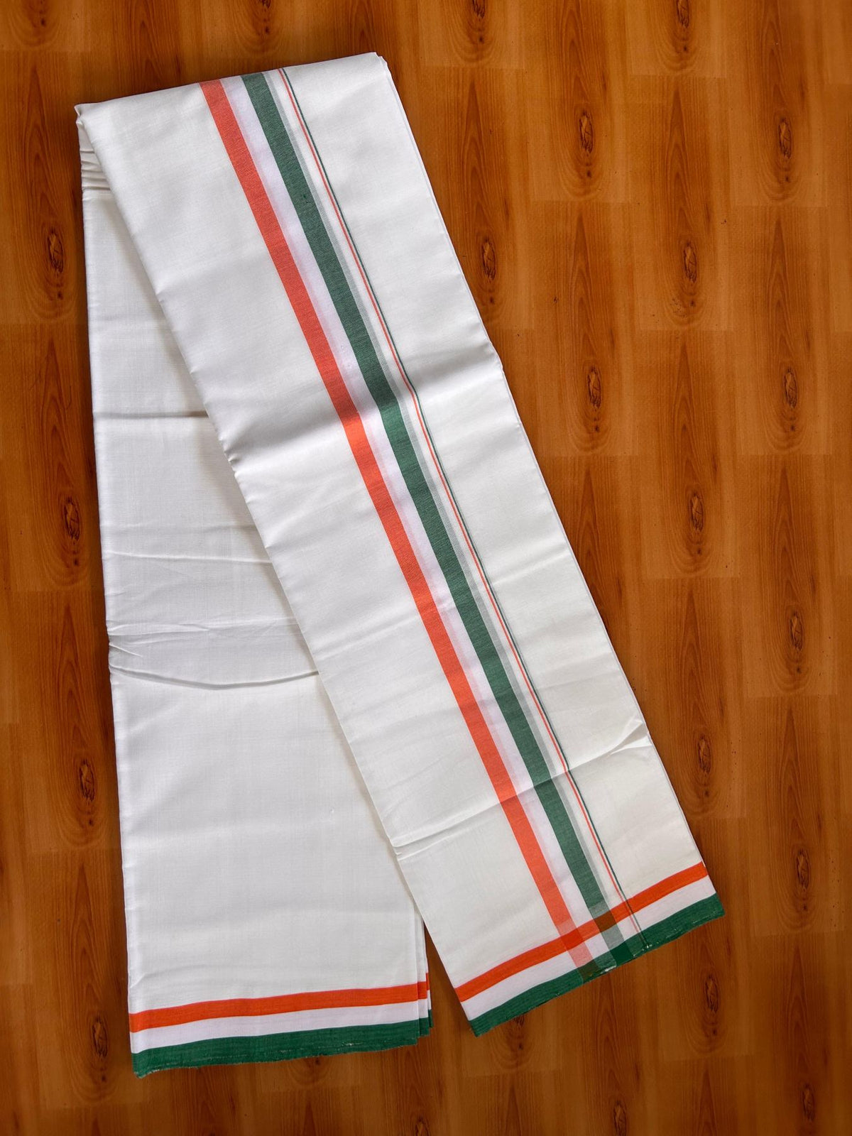 Congress Veshti - 25% Discount!!! Kaitharikada Handloom Unakkupaav - Kerala Handloom - 100% Pure Cotton Pure White Double Mund/Dhoti - (2/120X80) - 1.5 inch Orange White & Green Kara - 4 mtr (8.5 muzham) - 1 KK5526YAR