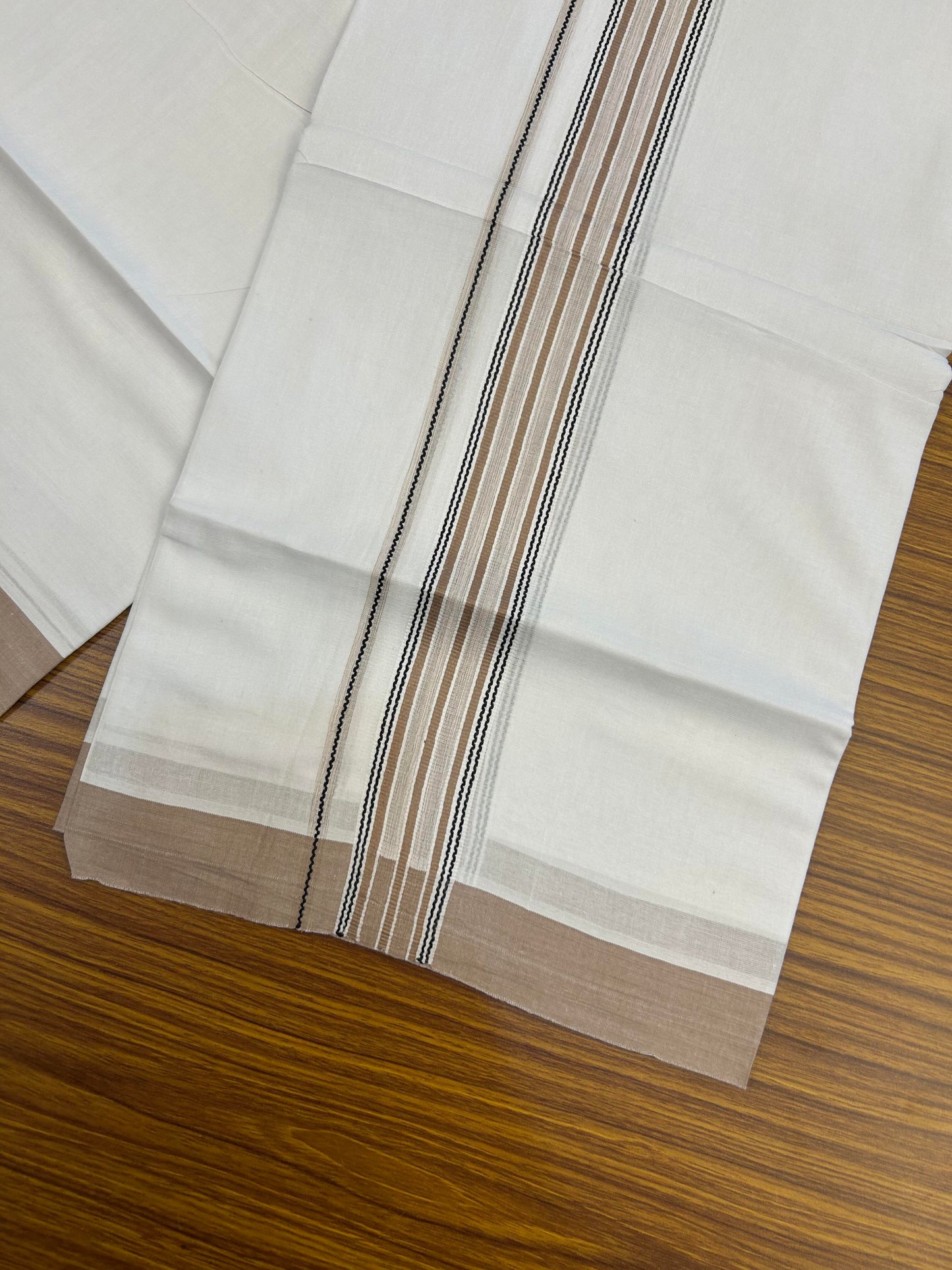 20% Discount ! Kaitharikada Balaramapuram 100% Cotton Pure White Double Mundu/Dothi - 100x80 - 1.25 inch Black & Peach Brown Shaded Stripes Kara 3.90 m (8 muzham) - 78 KK5364 MC