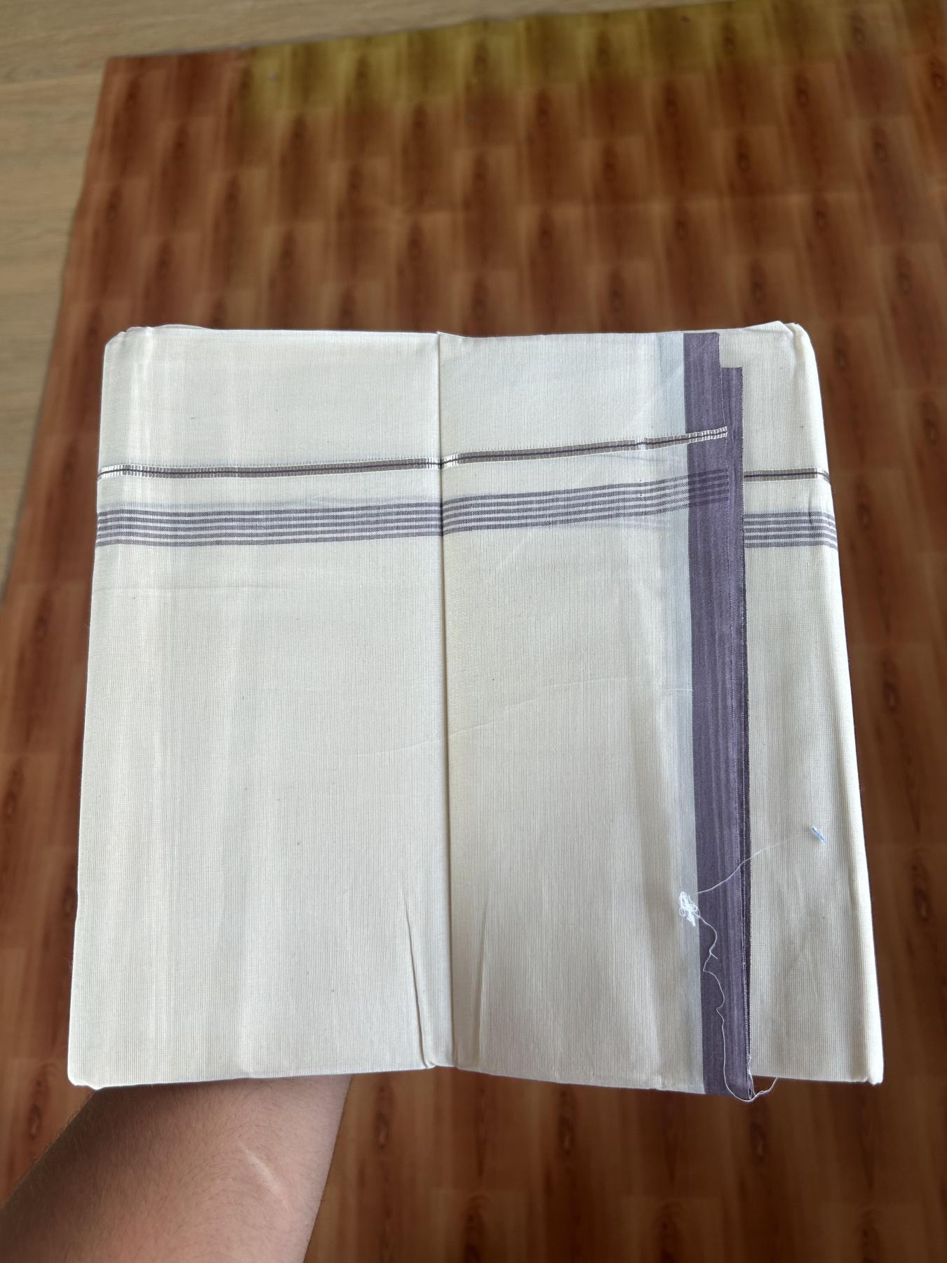 20% Discount ! KaithariKada Balaramapuram 100% Cotton Double Off White - (Unbleached) - Mundu / Dhoti- 100x80 -  0.5 inch Silver Kasav & Light Purple Shaded Stripes Kara 4 mtr (8.5 Muzham) - 62 KK5382 VIN