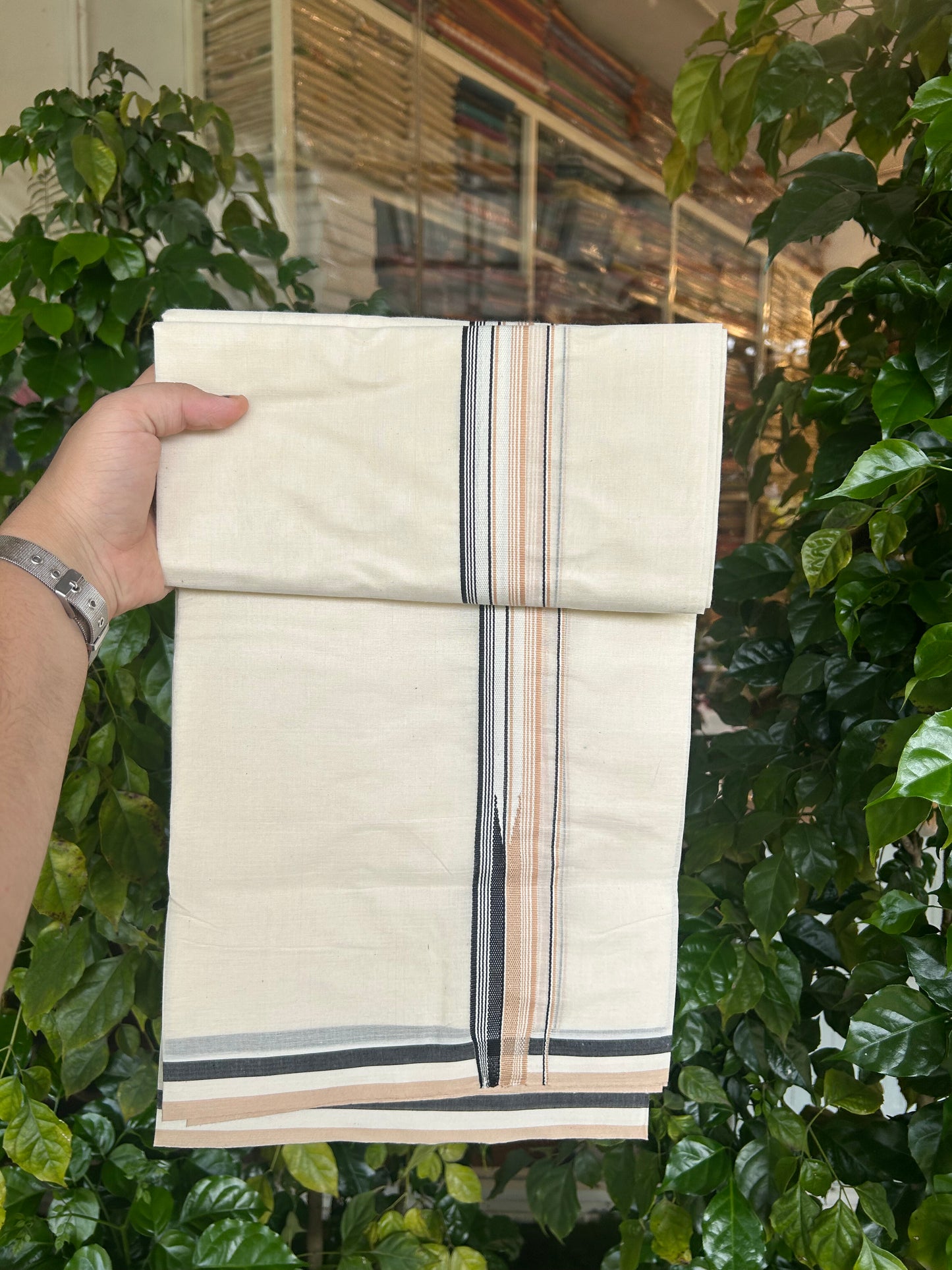 20% Discount ! KaithariKada 100% Cotton off white Double - (Unbleached) Mundu/Dhoti - 100X100 - 1.25 inch Puliyilakkara Black & Cream Striped Chutty kara - 8 KK5346 ASH