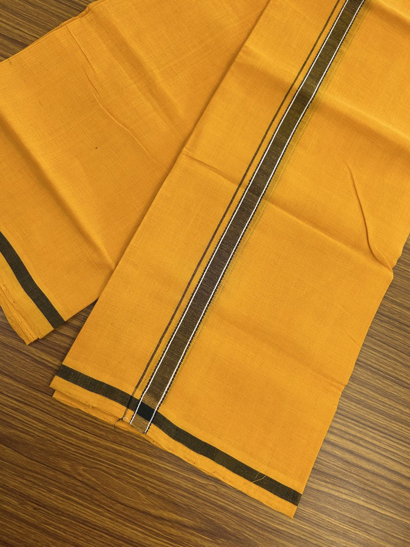 Handloom Single Hallmarked - 10% Discount !! KaithariKada 100% Pure Cotton - Mundu/Dhoti 2 cm Black Kara with Light Orange colour Body - (2 meter / 4 muzham) - 24 KK8044 ELA