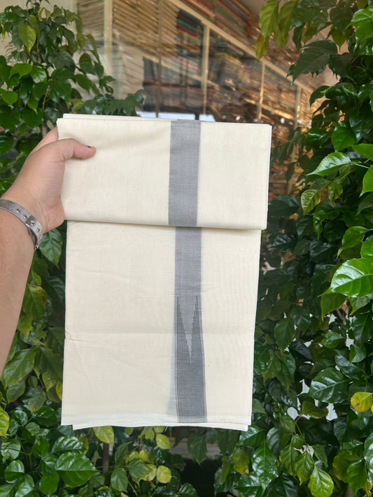 20% Discount ! KaithariKada 100% Cotton off white Double - (Unbleached) Mundu/Dhoti - 100X100 - 1.25 inch Puliyilakkara Ash Grey & Black Striped Chutty kara - 16 KK5346 ASH