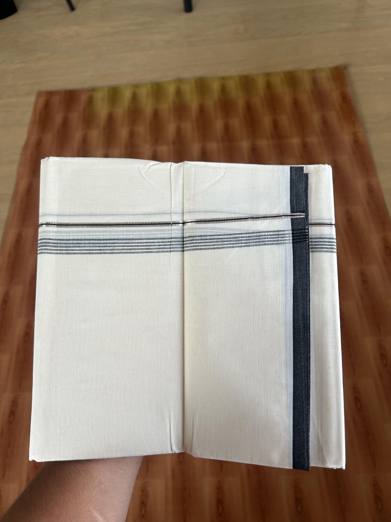20% Discount ! KaithariKada Balaramapuram 100% Cotton Double Off White - (Unbleached) - Mundu / Dhoti- 100x80 -  0.5 inch Silver Kasav & Black Shaded Stripes Kara 4 mtr (8.5 Muzham) - 63 KK5382 VIN