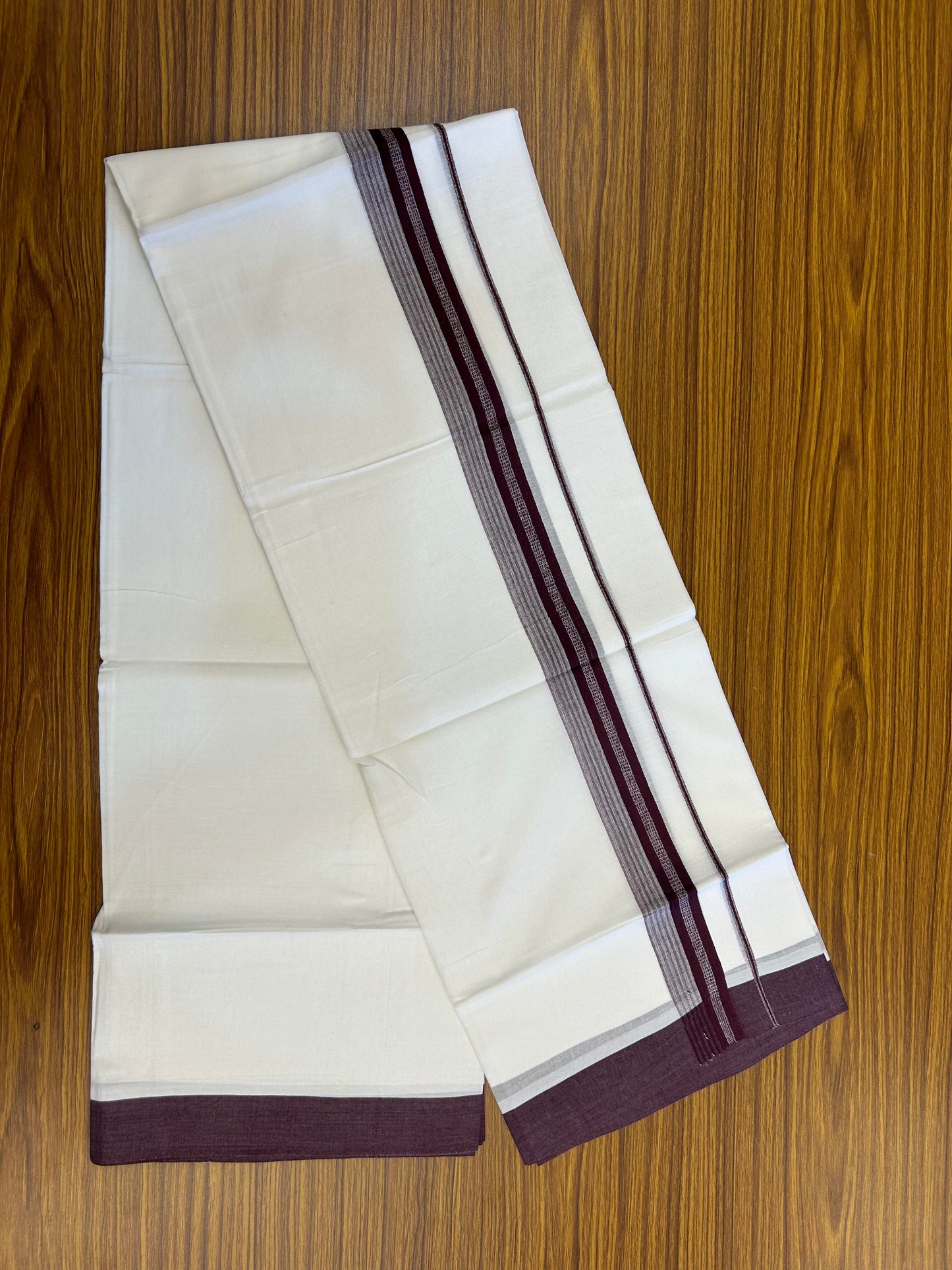 20% Discount ! Kaitharikada Balaramapuram 100% Cotton Pure White Double Mundu/Dothi - 100x80 - 2 inch Wine Purple Shaded Stripes Kara 3.90 m (8 muzham) - 30 KK5364 MC