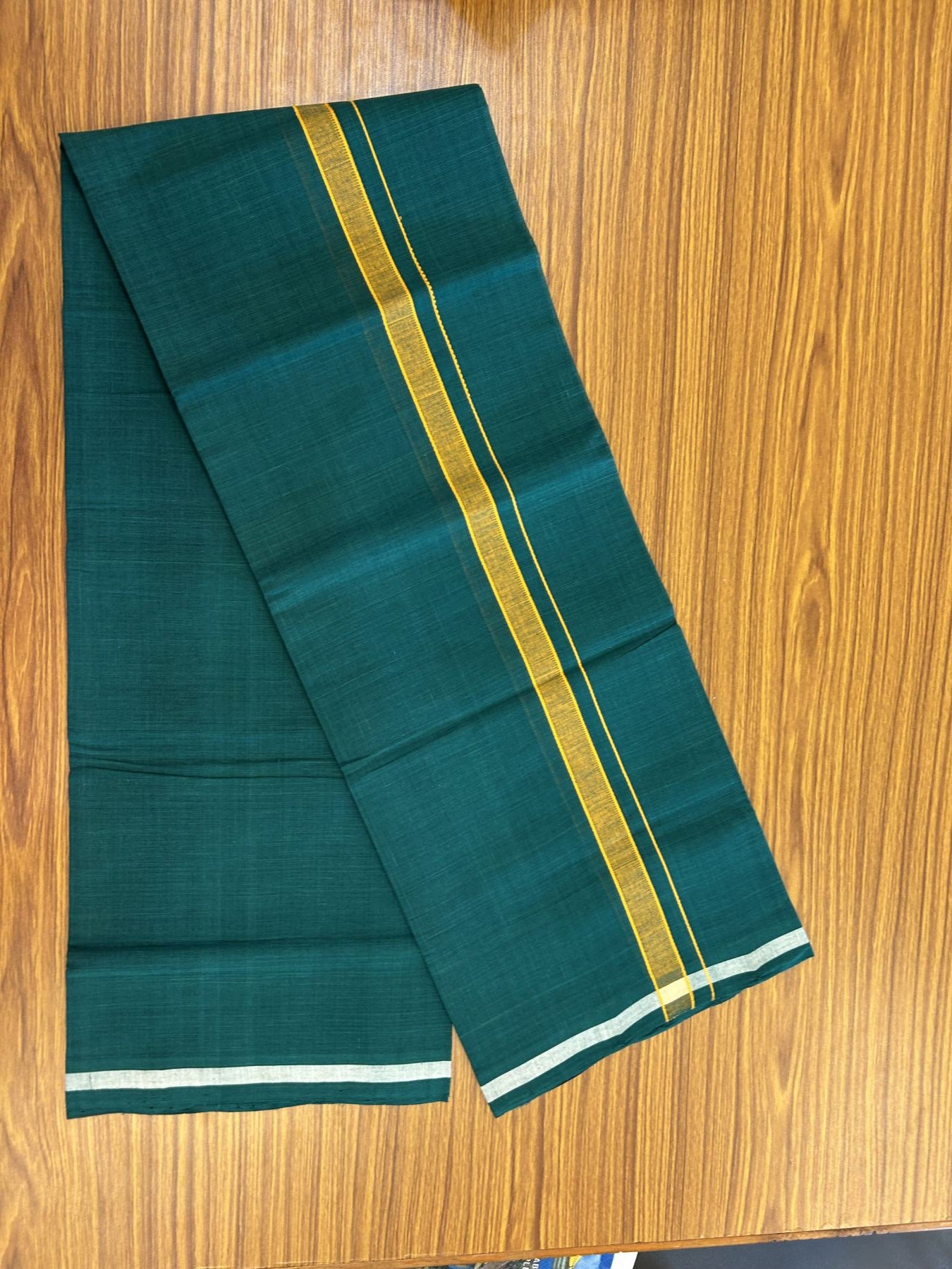 Handloom Single Hallmarked - 10% Discount !! KaithariKada 100% Pure Cotton - Mundu/Dhoti Dark Green Body & 2 cm Light Orange Kara - (2 meter / 4 muzham)- 1 KK8044 ELA