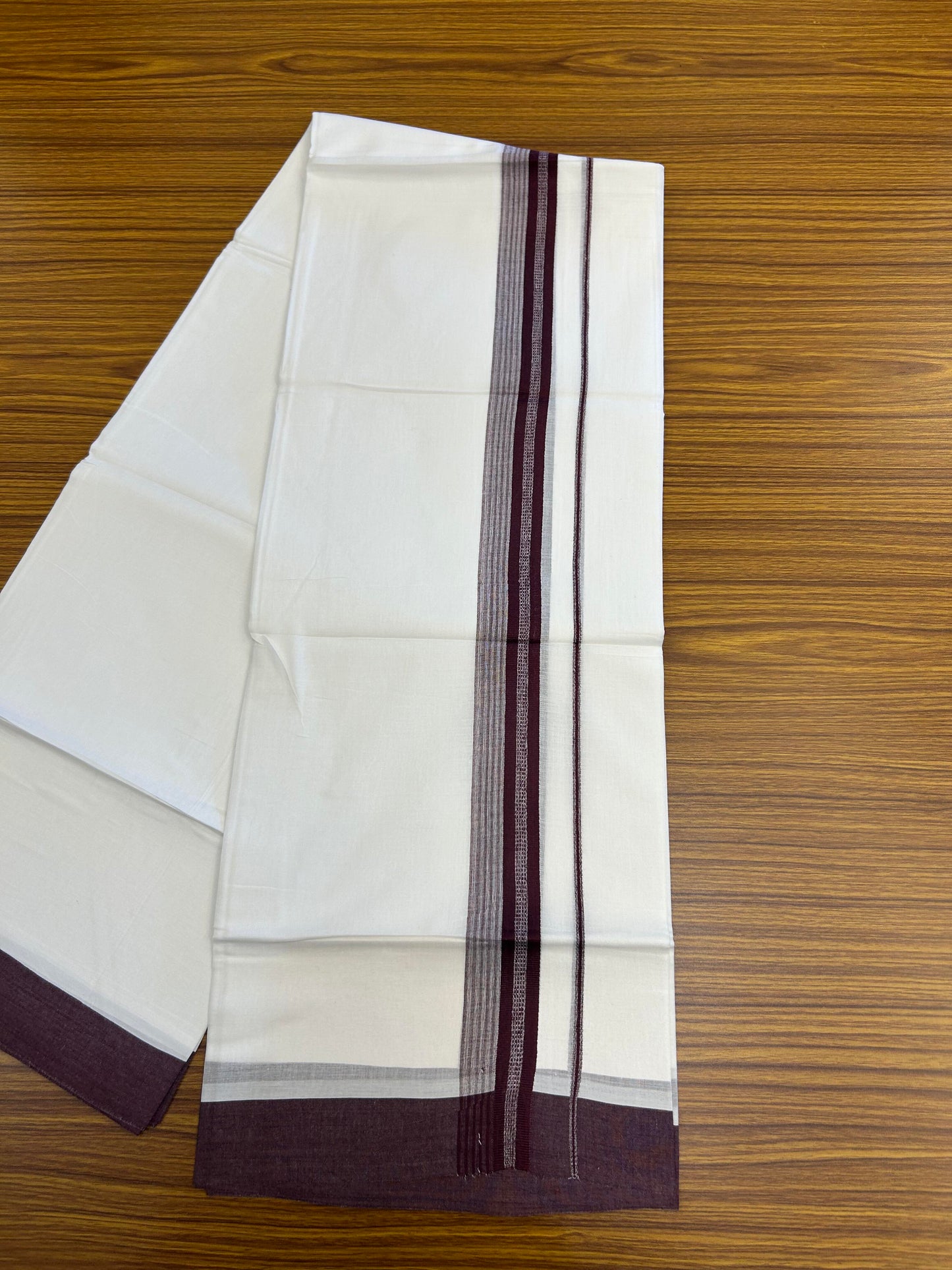 20% Discount ! Kaitharikada Balaramapuram 100% Cotton Pure White Double Mundu/Dothi - 100x80 - 2 inch Wine Purple Shaded Stripes Kara 3.90 m (8 muzham) - 30 KK5364 MC