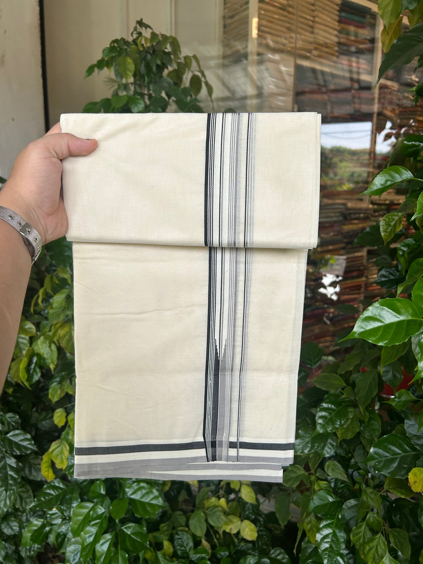 20% Discount ! KaithariKada 100% Cotton off white Double - (Unbleached) Mundu/Dhoti - 100X100 - 1.25 inch Puliyilakkara Black & Ash Lavender Striped Chutty kara - 10 KK5346 ASH