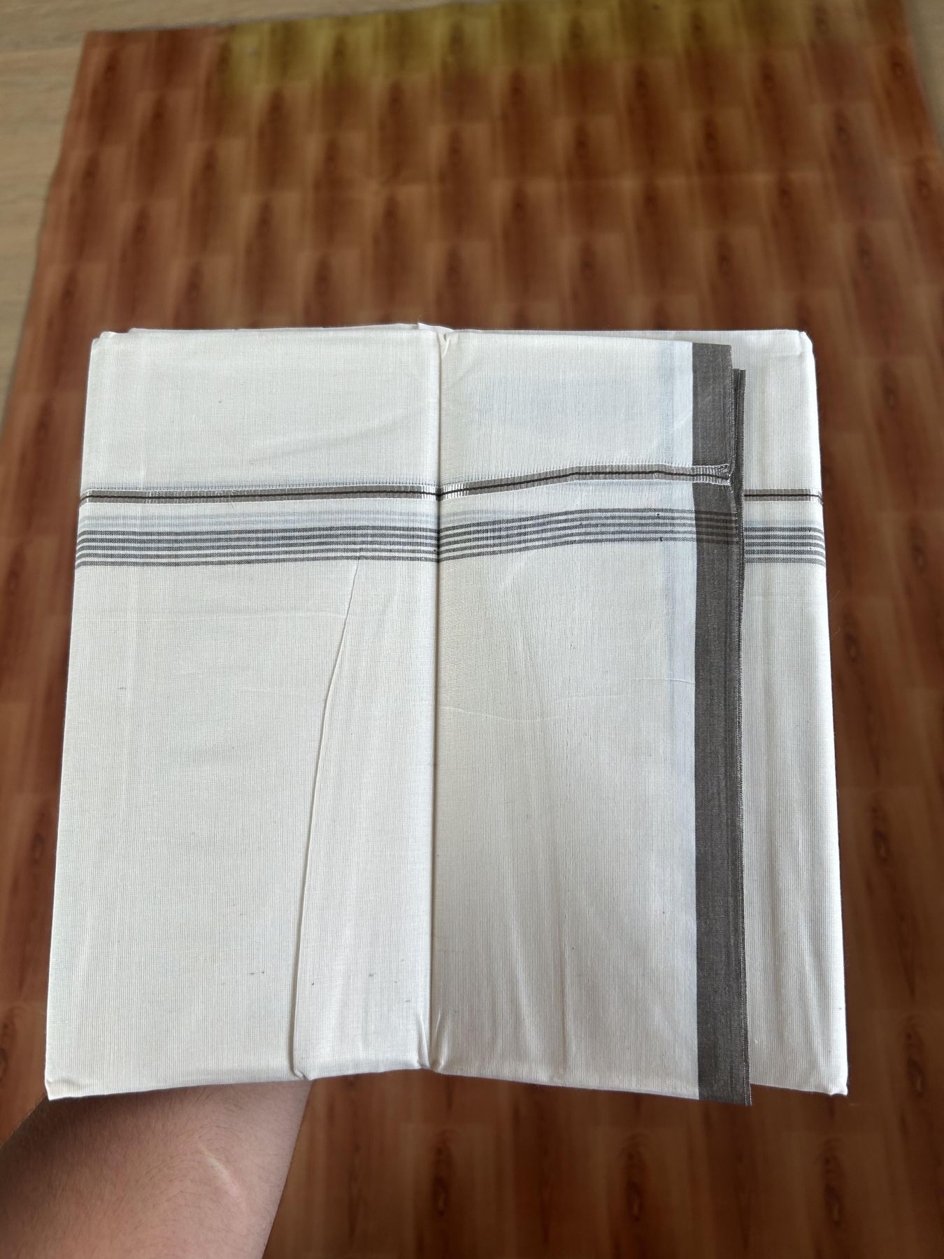 20% Discount ! KaithariKada Balaramapuram 100% Cotton Double Off White - (Unbleached) - Mundu / Dhoti- 100x80 -  0.5 inch Silver Kasav & Walnut Brown Shaded Striped Kara 4 mtr (8.5 Muzham) - 65 KK5382 VIN