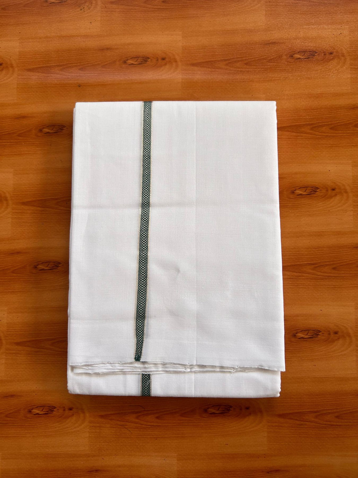 Double Pure White 25% Discount ! KaithariKada Handloom Unakkupaav - Kerala Handloom - 100% Pure Cotton Mundu/Dhoti - (2/120X80) - 0.5 inch Silver Kasav Green Striped Kara - 4 mtr (8.5 muzham) - 4 KK5526YAR