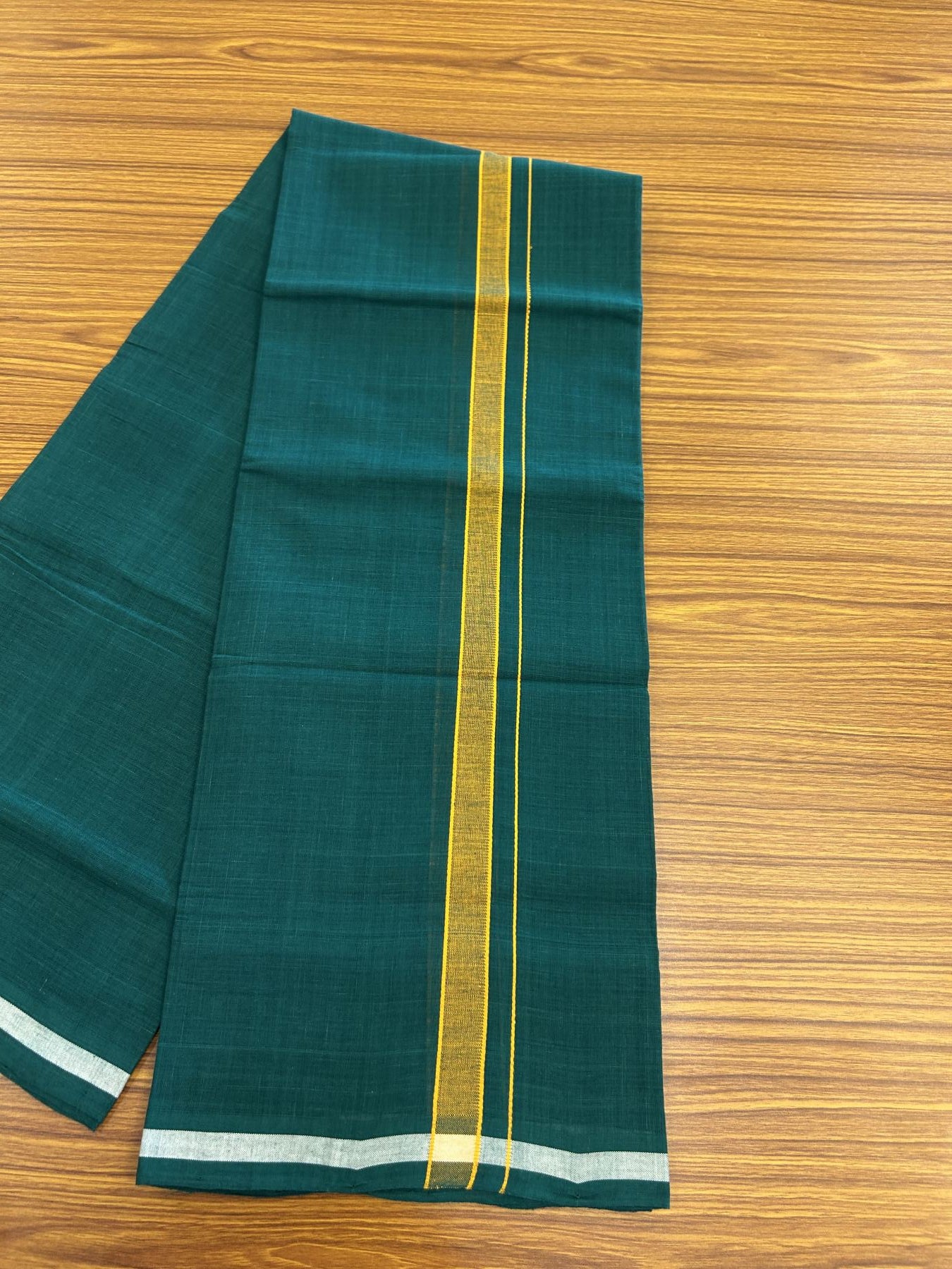 Handloom Single Hallmarked - 10% Discount !! KaithariKada 100% Pure Cotton - Mundu/Dhoti Dark Green Body & 2 cm Light Orange Kara - (2 meter / 4 muzham)- 1 KK8044 ELA