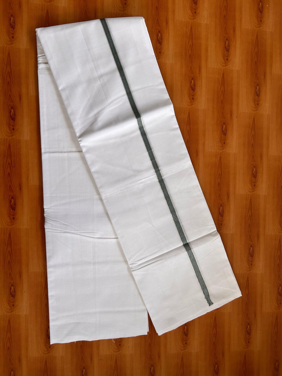 Double Pure White 25% Discount ! KaithariKada Handloom Unakkupaav - Kerala Handloom - 100% Pure Cotton Mundu/Dhoti - (2/120X80) - 0.5 inch Silver Kasav Green Striped Kara - 4 mtr (8.5 muzham) - 4 KK5526YAR
