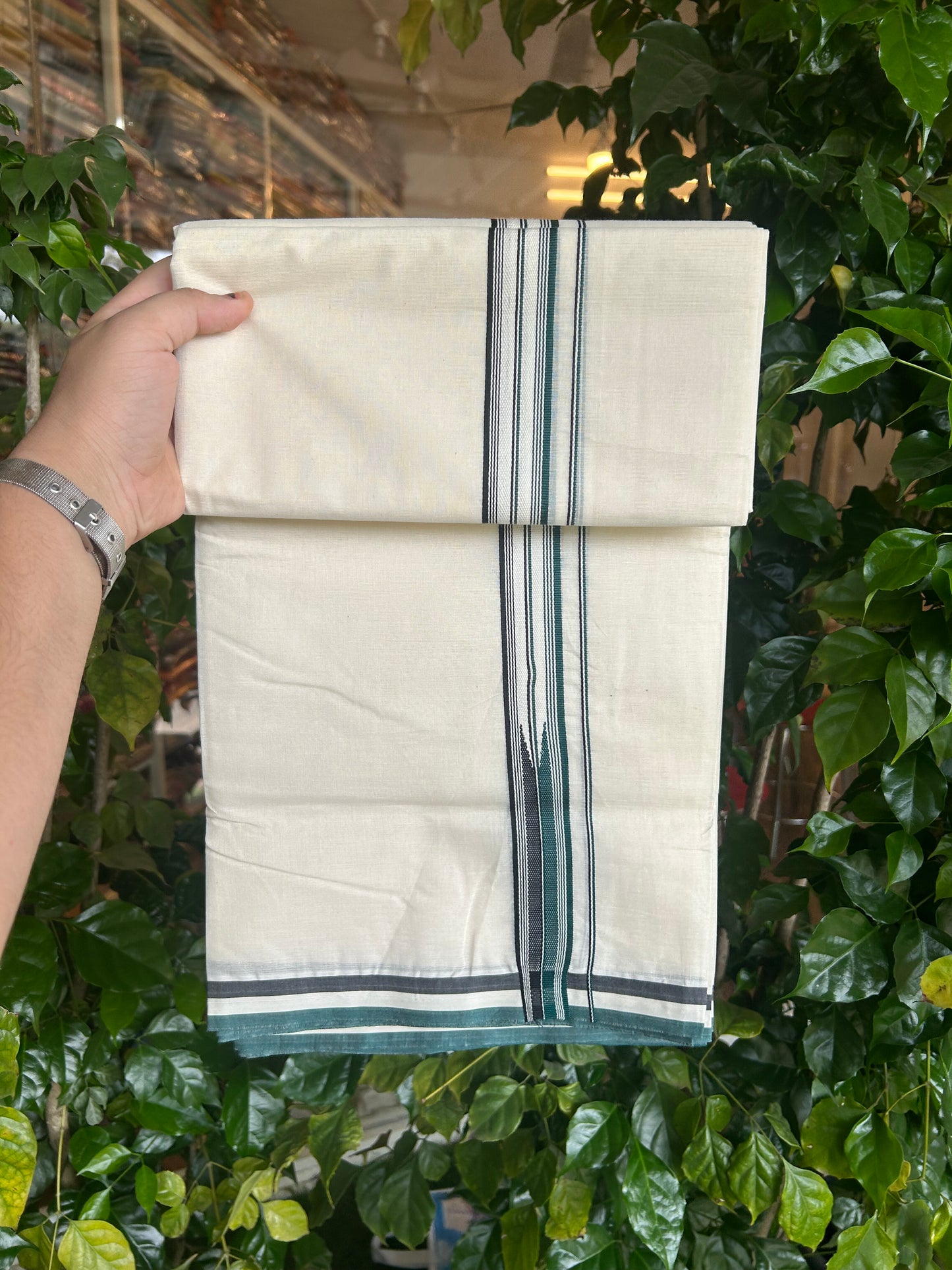 20% Discount ! KaithariKada 100% Cotton off white Double - (Unbleached) Mundu/Dhoti - 100X100 - 1.25 inch Puliyilakkara Black & Green Striped Chutty kara - 9 KK5346 ASH