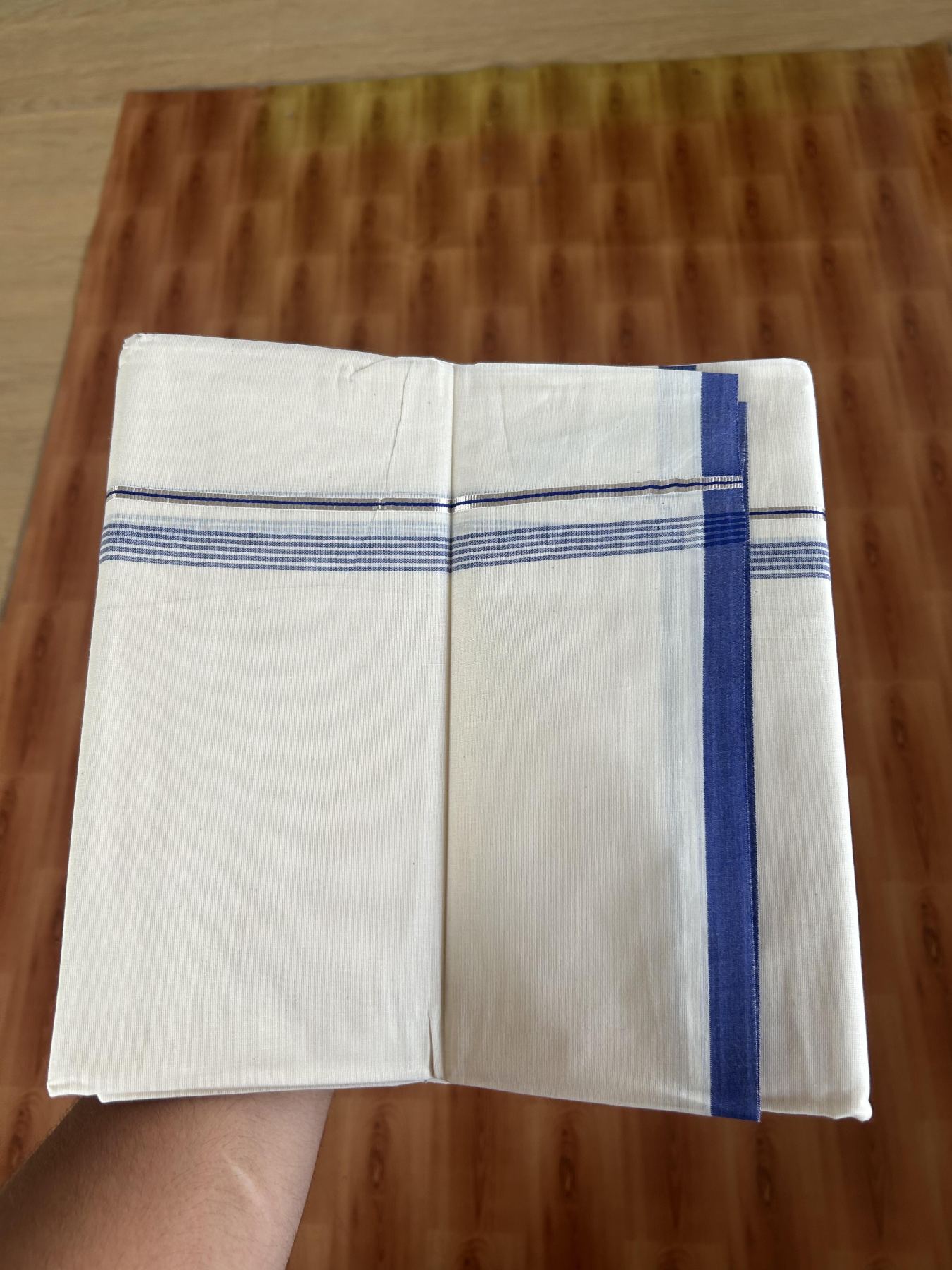 20% Discount ! KaithariKada Balaramapuram 100% Cotton Double Off White - (Unbleached) - Mundu / Dhoti- 100x80 -  0.5 inch Silver Kasav & Blue Shaded Striped Kara 4 mtr (8.5 Muzham) - 64 KK5382 VIN