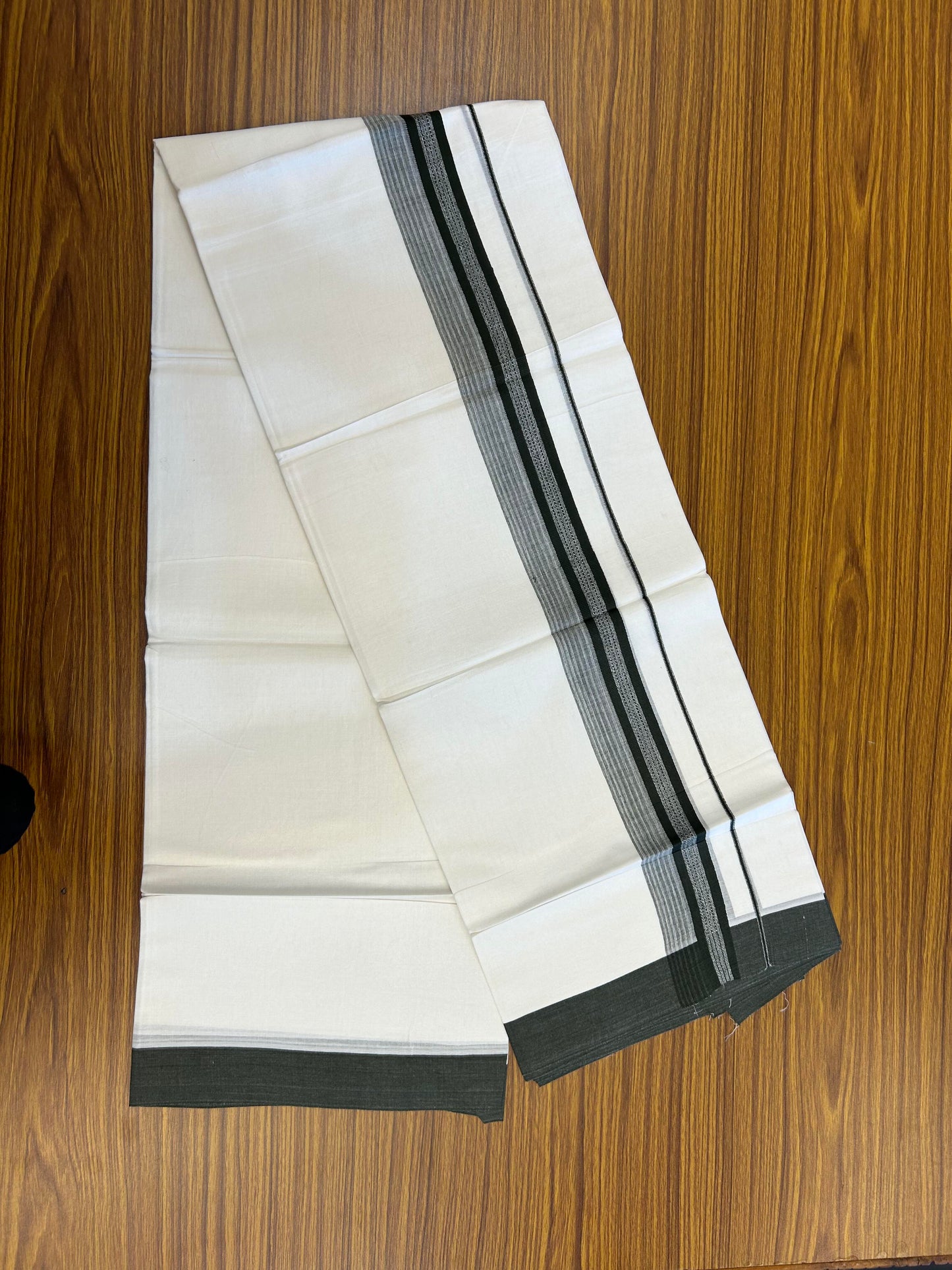 20% Discount ! Kaitharikada Balaramapuram 100% Cotton Pure White Double Mundu/Dothi - 100x80 - 2 inch Dark Pine Green Shaded Stripes Kara 3.90 m (8 muzham)- 21 KK5364 MC
