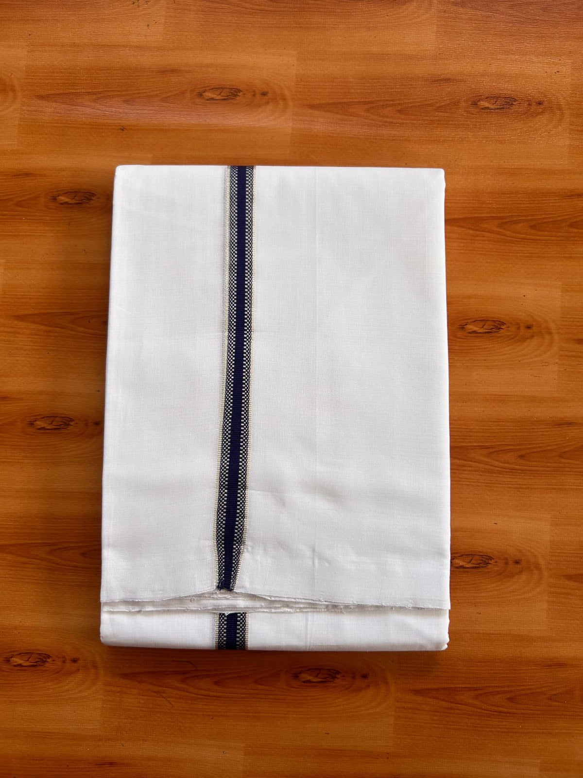 Double Pure White 25% Discount ! KaithariKada Handloom Unakkupaav - Kerala Handloom - 100% Pure Cotton Mundu/Dhoti - (2/120X80) - 0.75 inch Silver Kasav Navy Blue Striped Kara - 4 mtr (8.5 muzham) - 3 KK5526YAR
