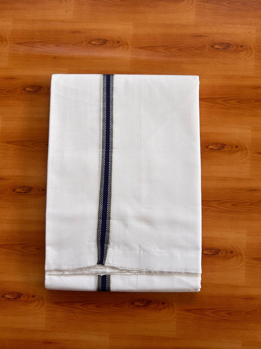 Double Pure White 25% Discount ! KaithariKada Handloom Unakkupaav - Kerala Handloom - 100% Pure Cotton Mundu/Dhoti - (2/120X80) - 0.75 inch Silver Kasav Navy Blue Striped Kara - 4 mtr (8.5 muzham) - 3 KK5526YAR