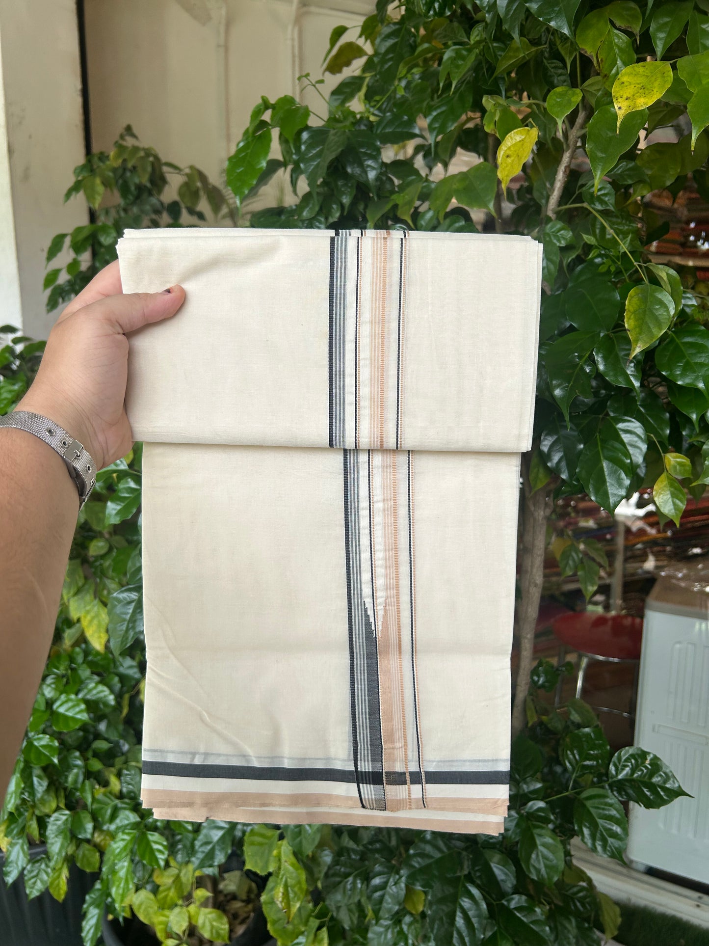 20% Discount ! KaithariKada 100% Cotton off white Double - (Unbleached) Mundu/Dhoti - 100X100 - 1.25 inch Puliyilakkara Black & Cream Striped Chutty kara - 11 KK5346 ASH