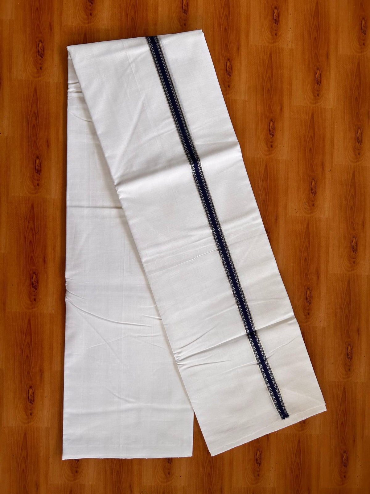 Double Pure White 25% Discount ! KaithariKada Handloom Unakkupaav - Kerala Handloom - 100% Pure Cotton Mundu/Dhoti - (2/120X80) - 0.75 inch Silver Kasav Navy Blue Striped Kara - 4 mtr (8.5 muzham) - 3 KK5526YAR