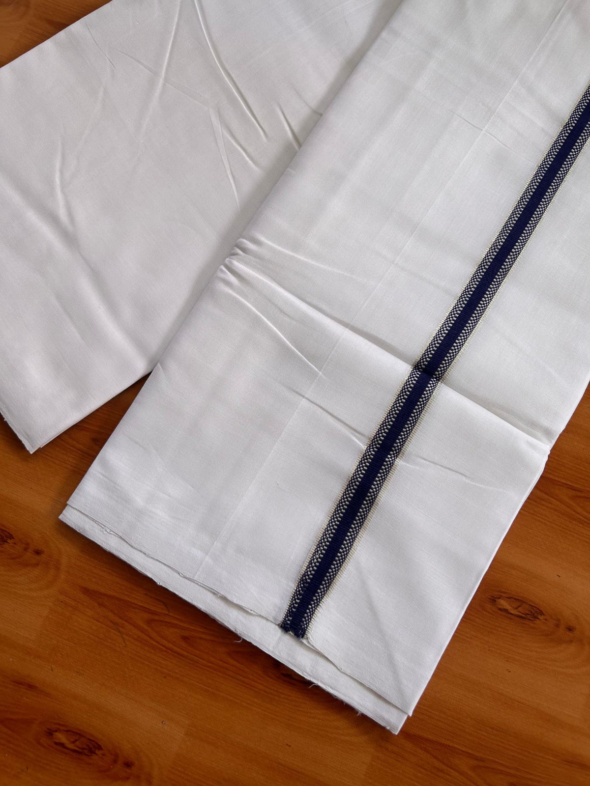 Double Pure White 25% Discount ! KaithariKada Handloom Unakkupaav - Kerala Handloom - 100% Pure Cotton Mundu/Dhoti - (2/120X80) - 0.75 inch Silver Kasav Navy Blue Striped Kara - 4 mtr (8.5 muzham) - 3 KK5526YAR