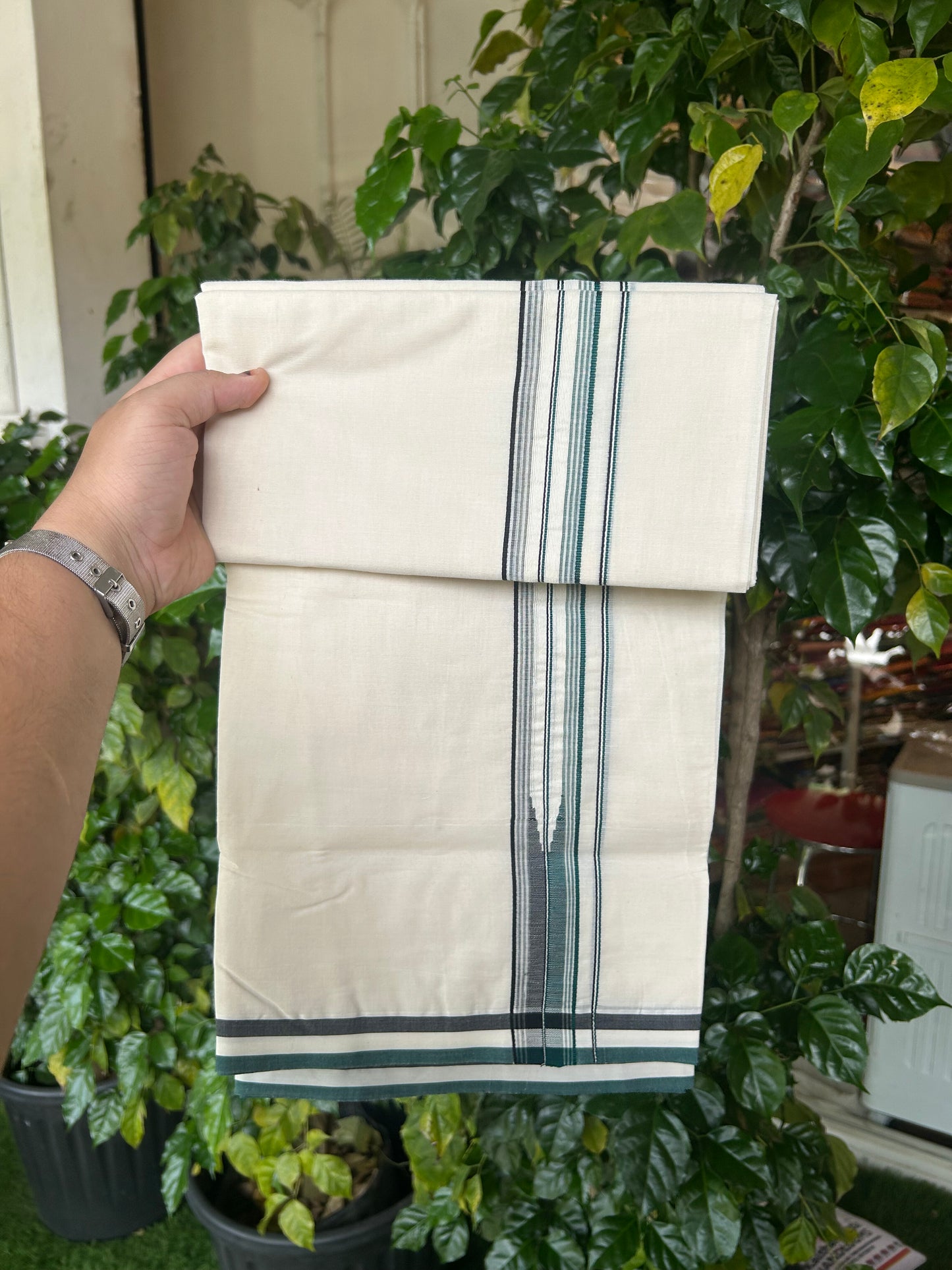 20% Discount ! KaithariKada 100% Cotton off white Double - (Unbleached) Mundu/Dhoti - 100X100 - 1.25 inch Puliyilakkara Black & Green Striped Chutty kara - 12 KK5346 ASH
